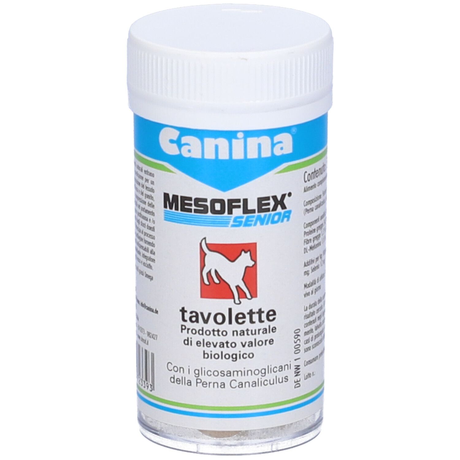 Barattolo bianco con etichetta blu e verde. Scritta: Canina, MESOFLEX SENIOR, tavolete. Prodotto per cani.