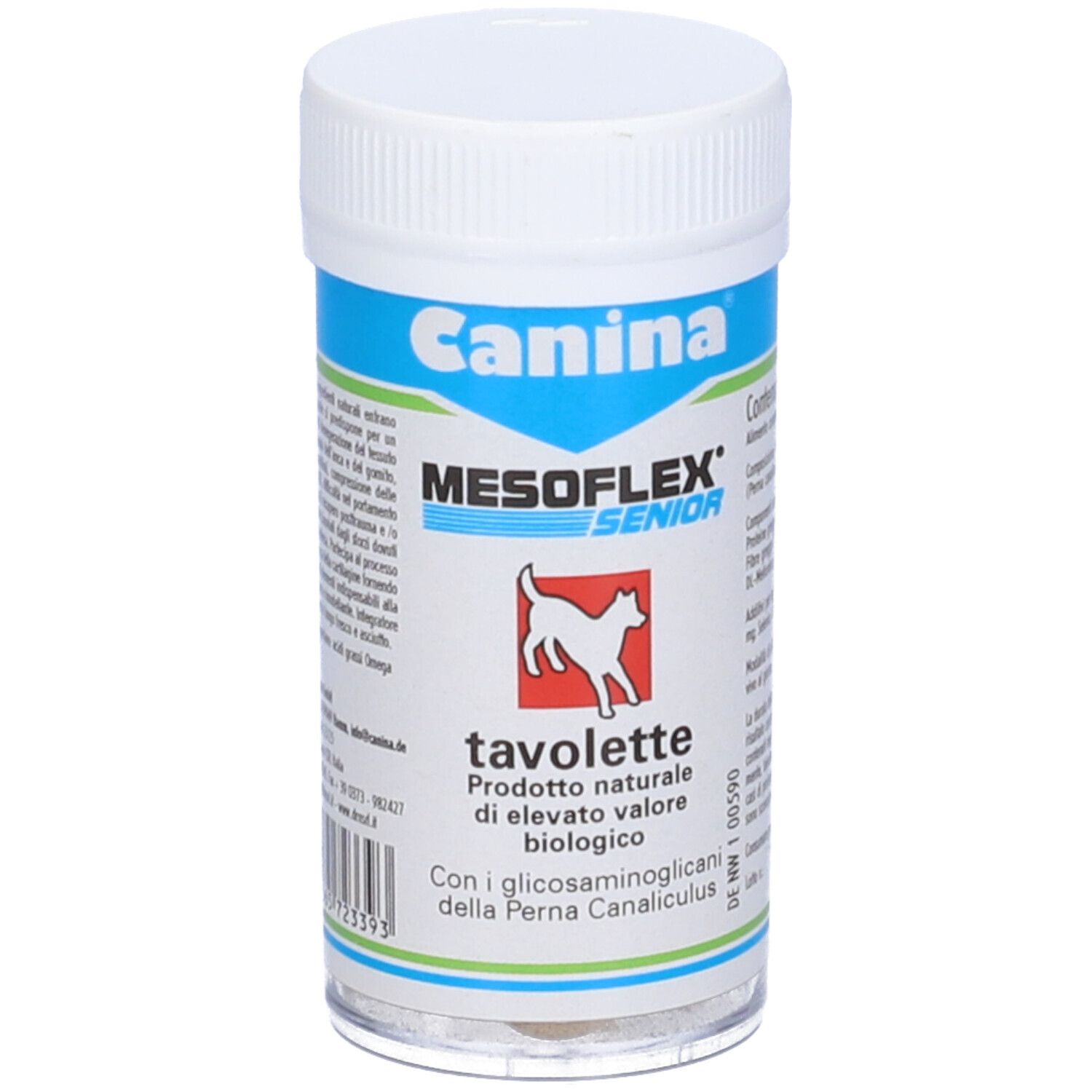 Barattolo bianco con etichetta blu e verde. Scritta: Canina, MESOFLEX SENIOR, tavolete. Prodotto per cani.