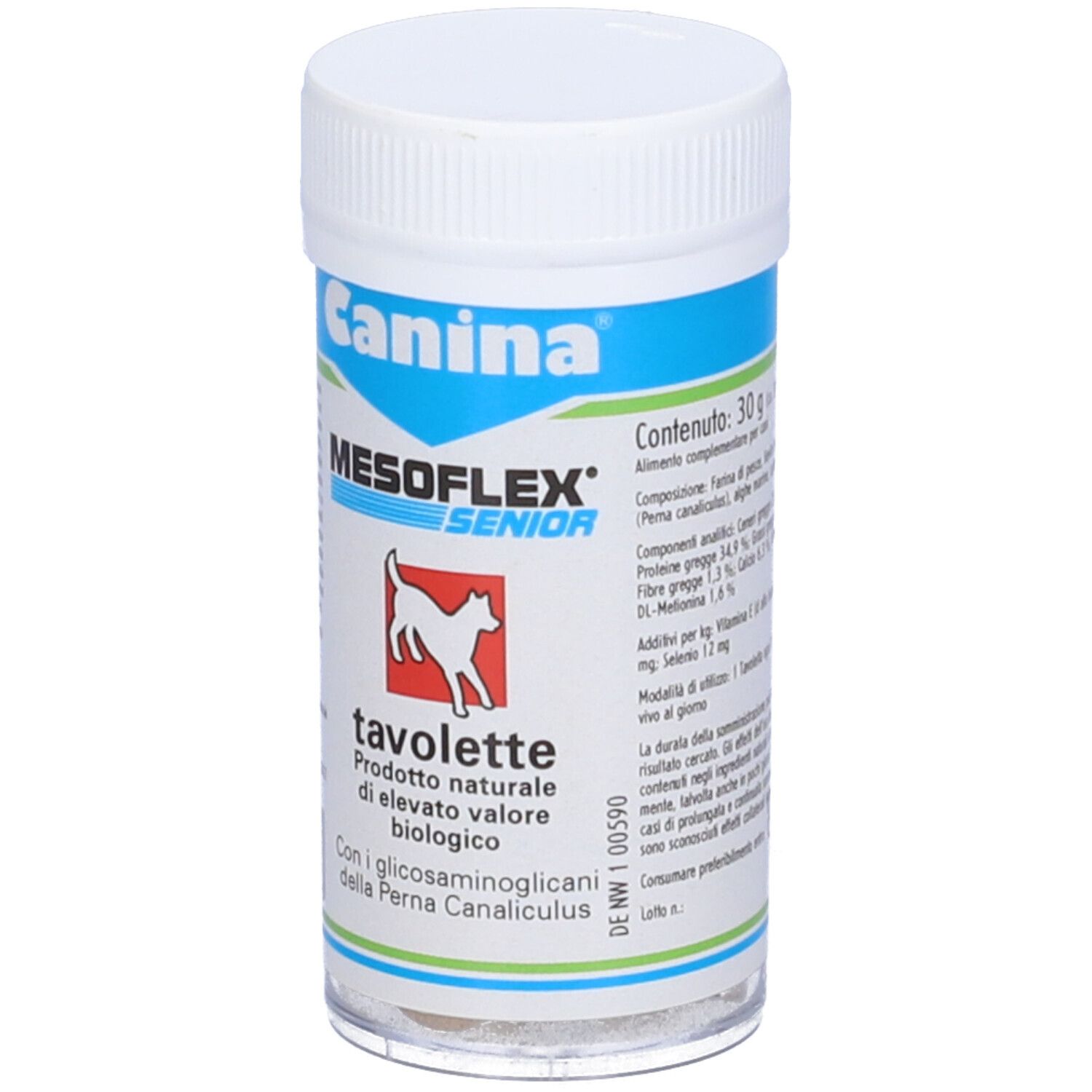 Barattolo bianco con etichetta blu e verde. Scritta: Canina, MESOFLEX SENIOR, tavolete. Contiene 30 compresse.