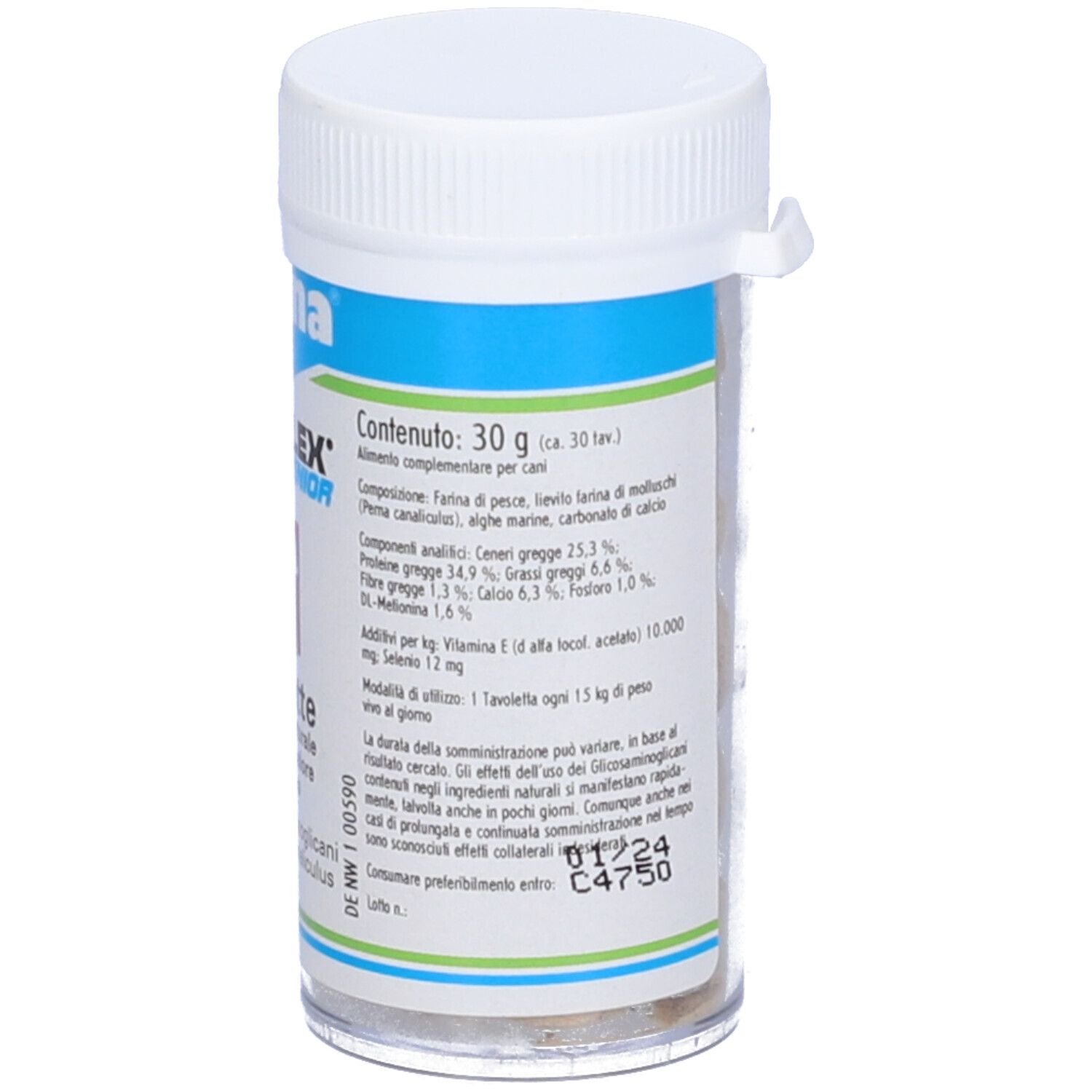 Barattolo bianco con etichetta blu e verde. Scritta: Canina, MESOFLEX SENIOR, tavolete. Retro con testo.