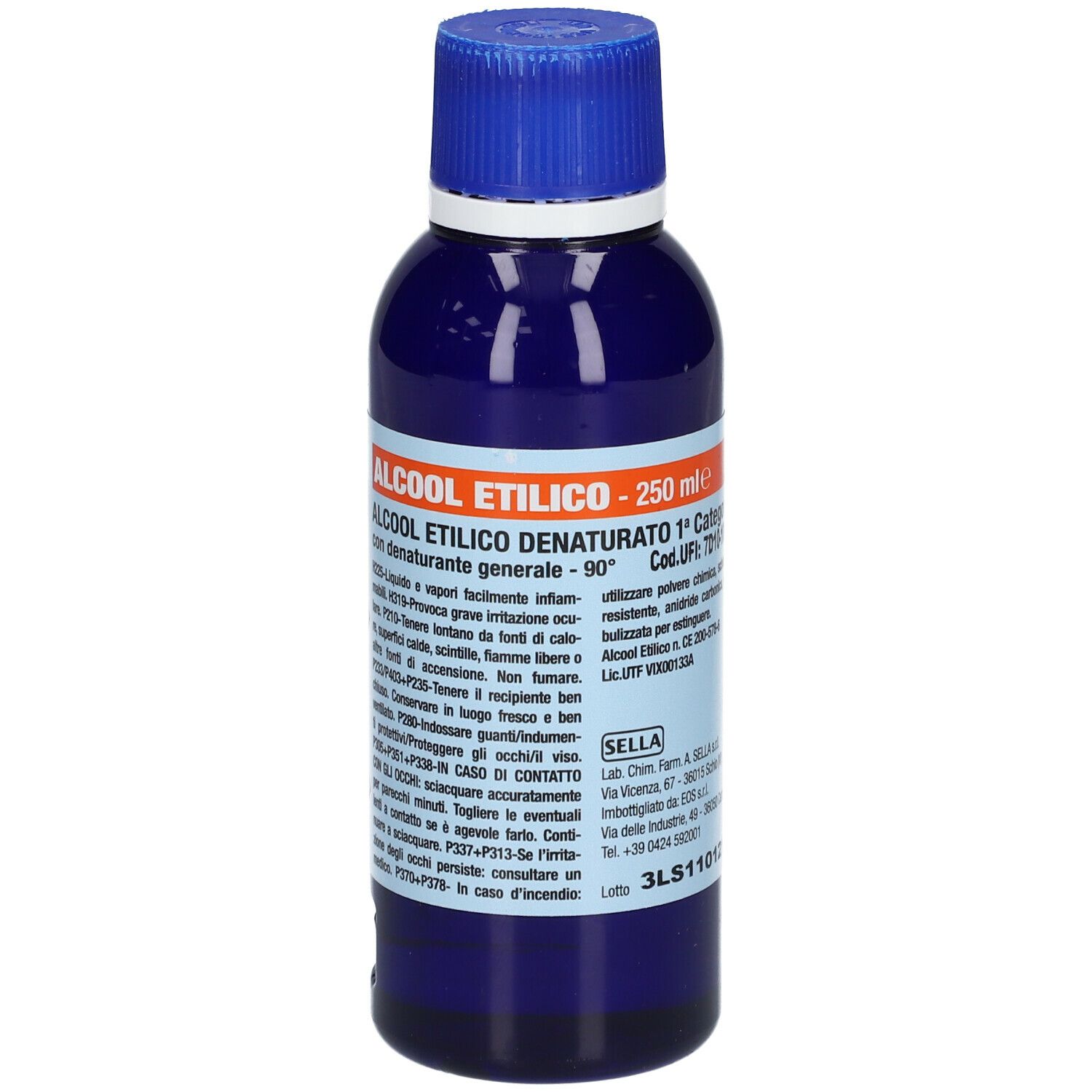 Flacone blu con tappo blu. Scritta: ALCOOL ETILICO - 250 ml. Avvertenze e testo.