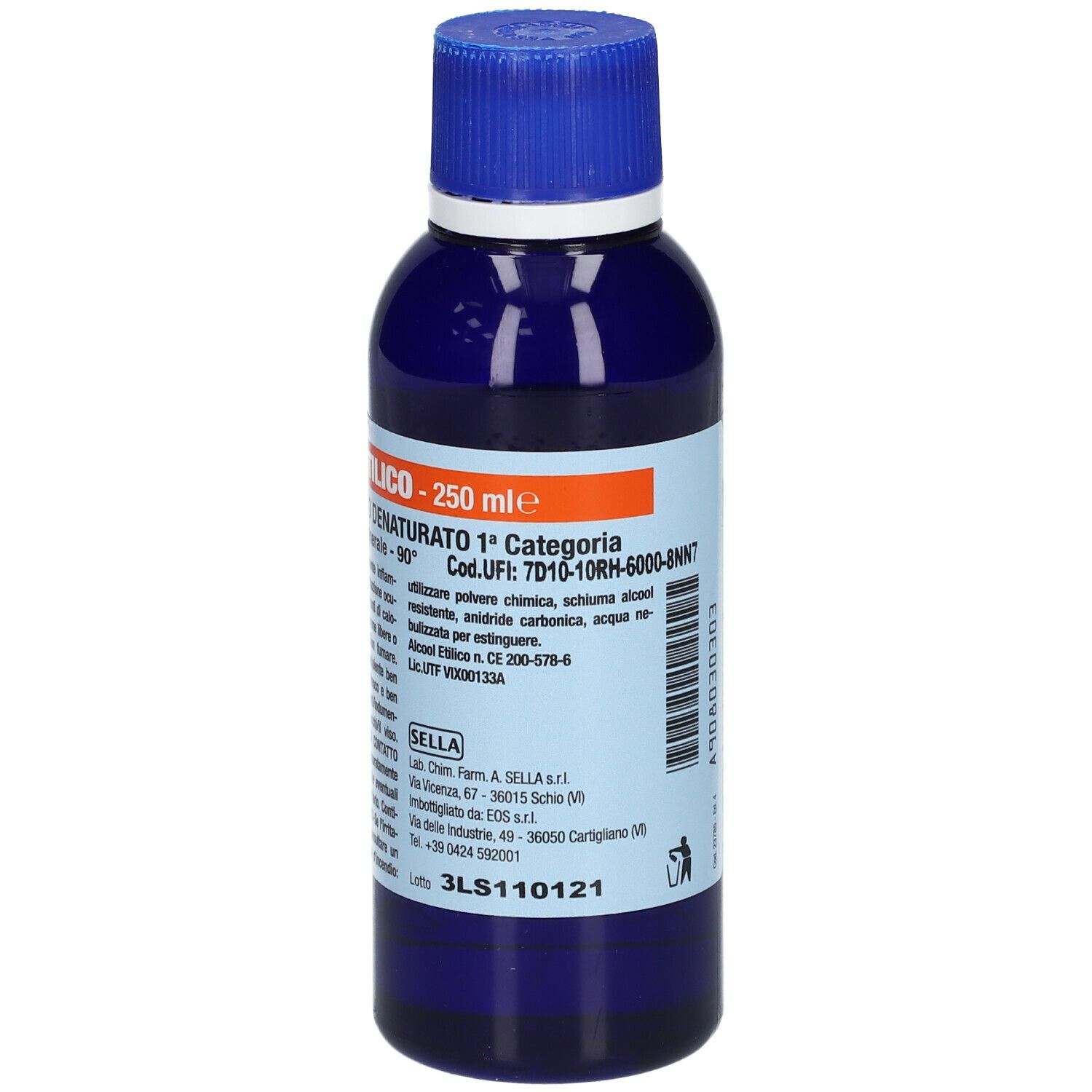 Flacone blu con tappo blu. Scritta: ALCOOL ETILICO - 250 ml. Codice a barre e testo.