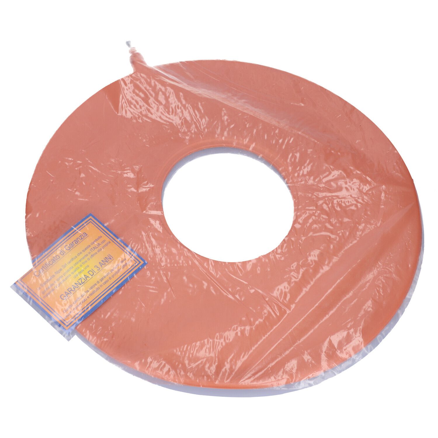 Cuscino antidecubito rotondo arancione confezionato. Etichetta visibile.