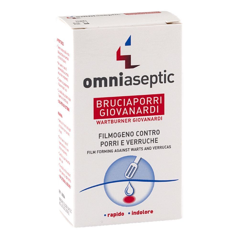Scatola bianca con nome e descrizione del prodotto. Scritto: omniaseptic, Bruciaporri Giovanardi, Filmogeno contro porri e verruche.