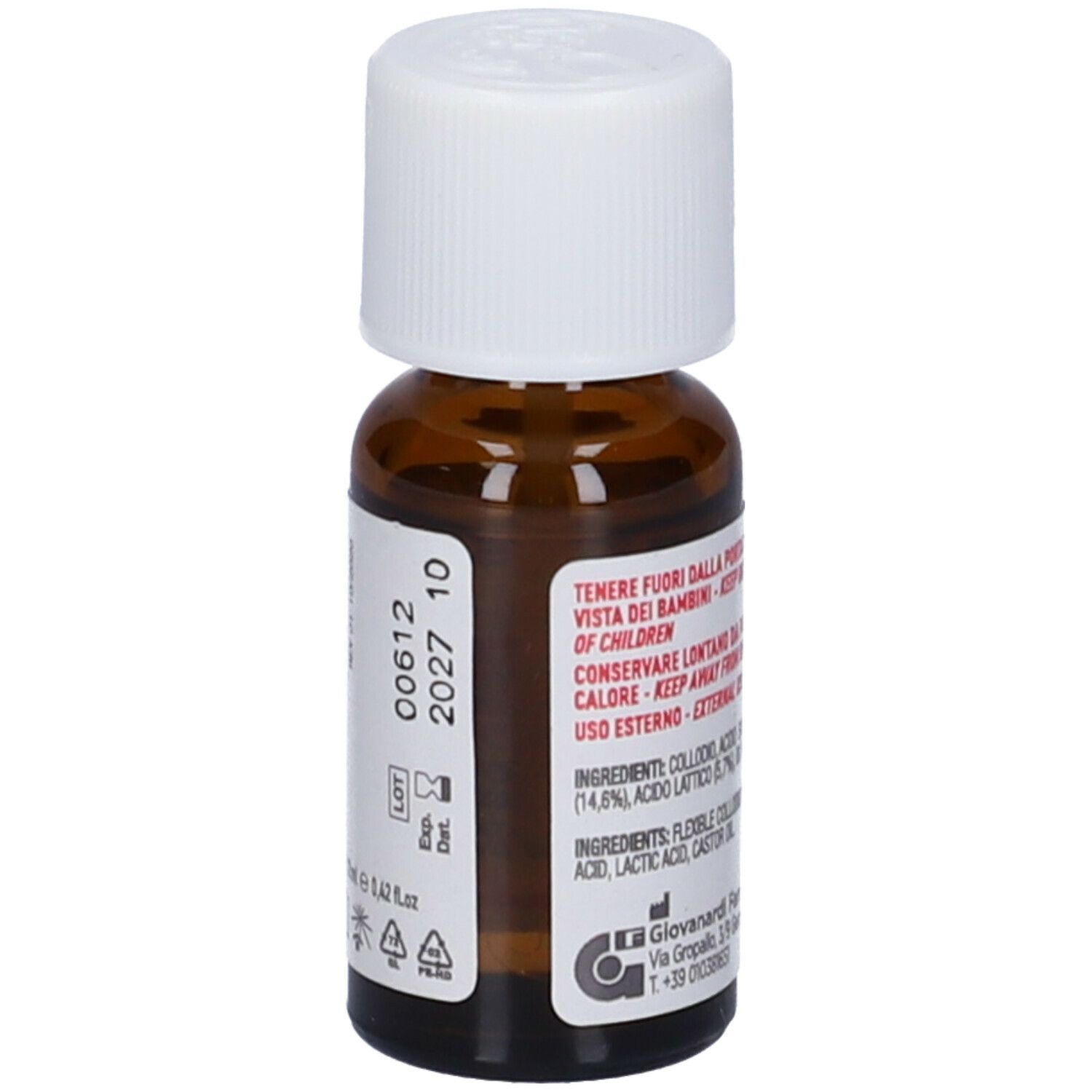 Flacone di vetro marrone con tappo bianco. Scritto: omniaseptic, Bruciaporri Giovanardi. Etichetta con numero di lotto e data di scadenza.