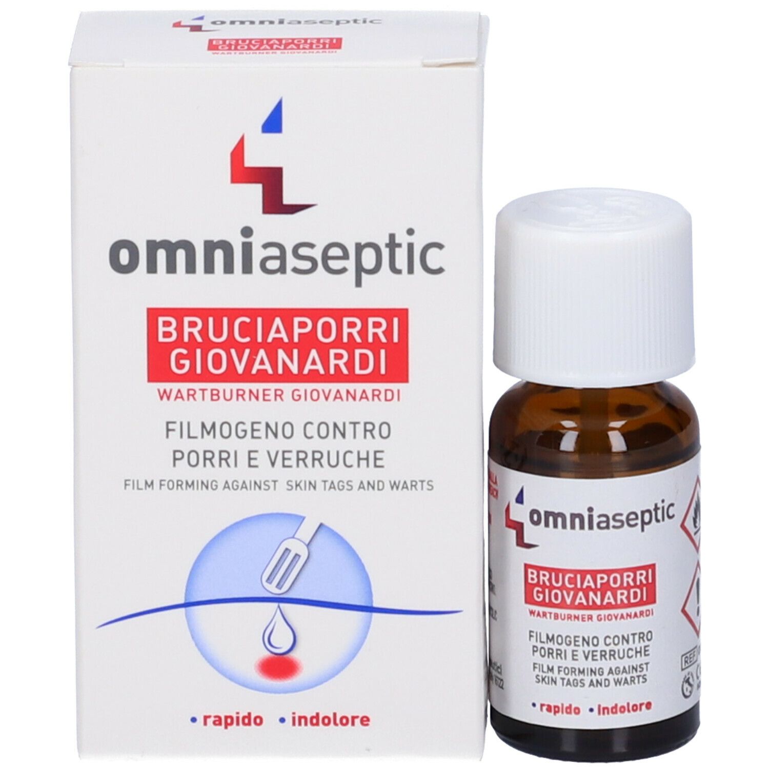 Confezione e flacone del prodotto. Scatola bianca e flacone in vetro marrone con tappo bianco. Scritto: omniaseptic, Bruciaporri Giovanardi.