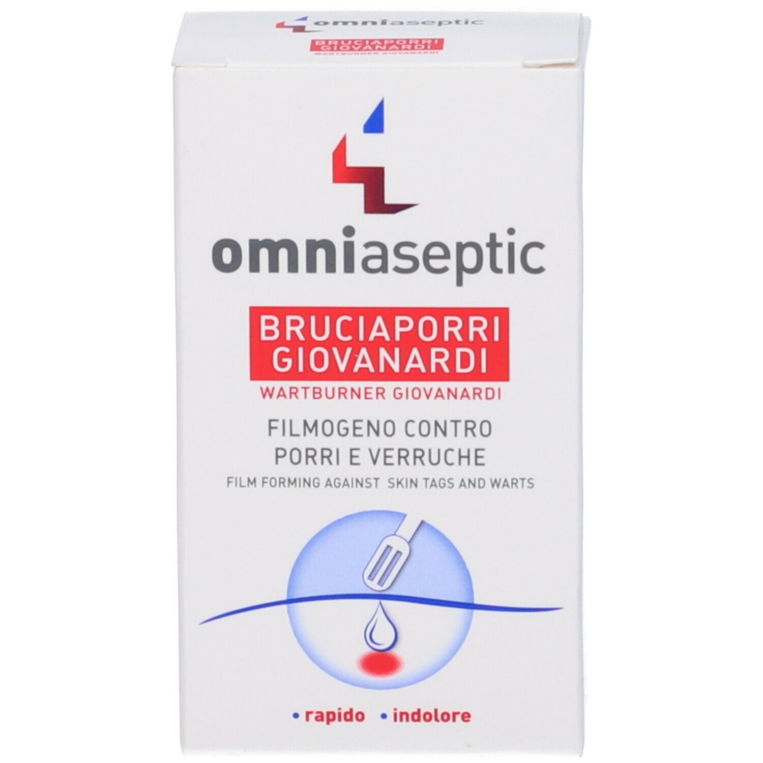 Scatola bianca con nome e descrizione del prodotto. Scritto: omniaseptic, Bruciaporri Giovanardi, Filmogeno contro porri e verruche.