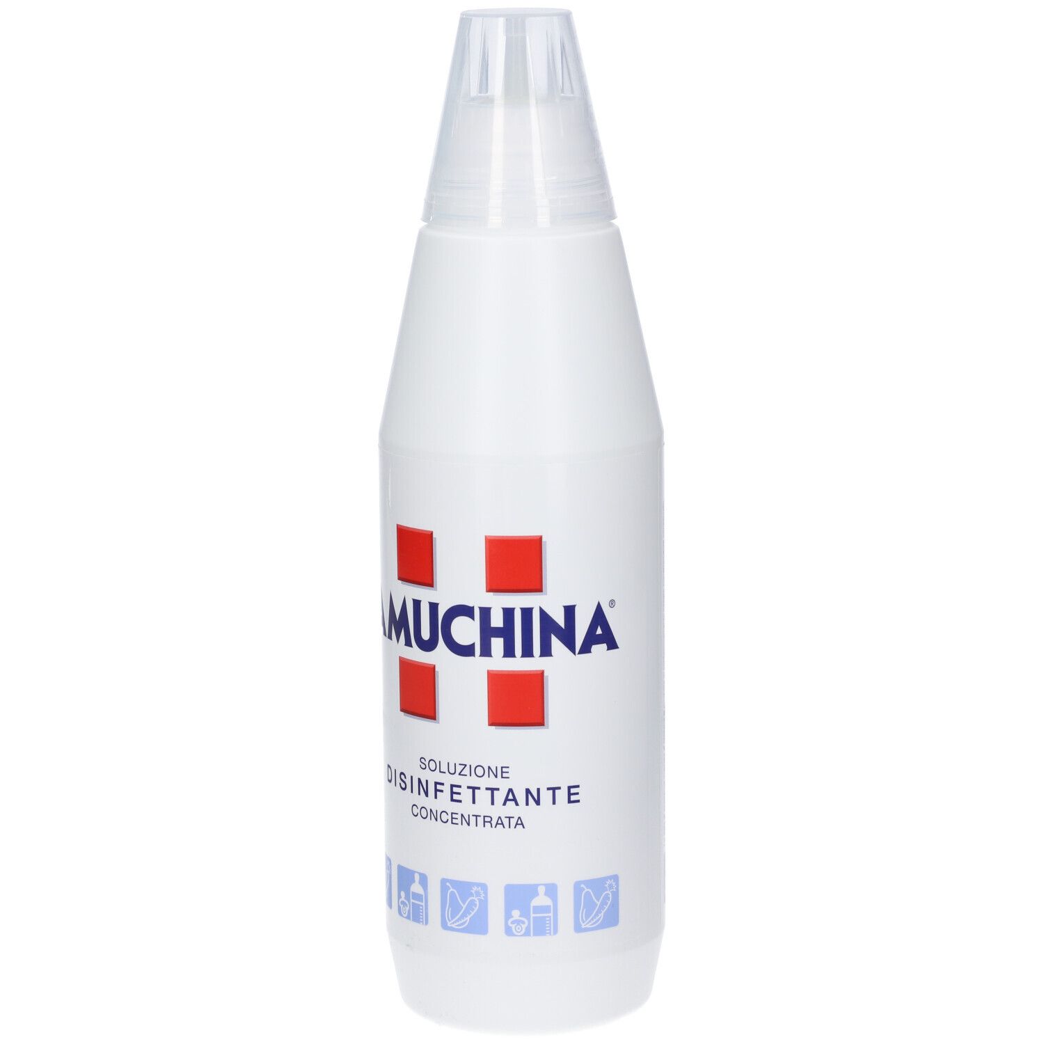 Weiße Flasche Amuchina Desinfektionslösung mit rotem Kreuz-Logo und blauen Symbolen.