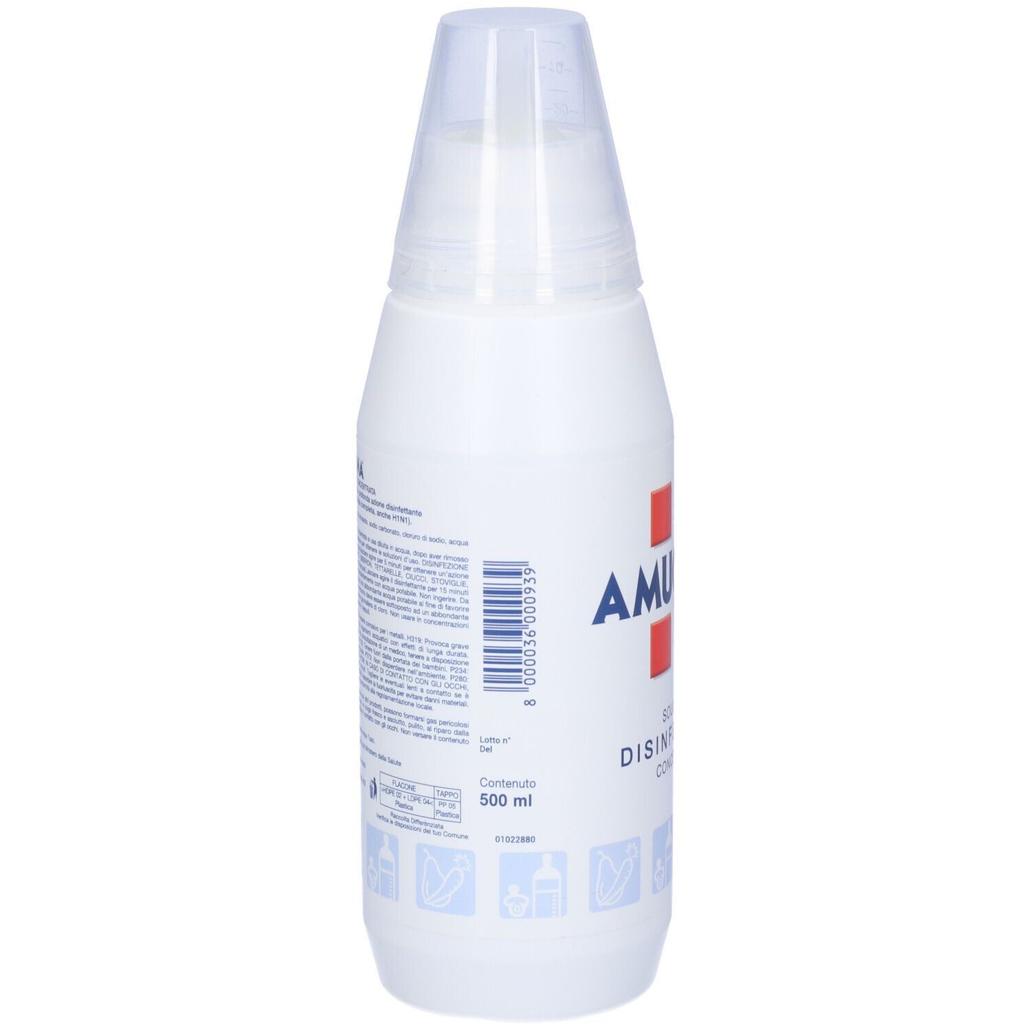 Weiße Flasche mit Etikett und Barcode. AMUCHINA-Logo und Schriftzug. Konzentrierte Desinfektionslösung. 500 ml.