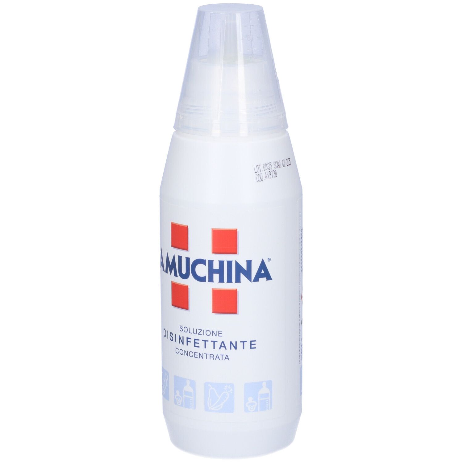 Weiße Flasche mit rotem Kreuz-Logo und Schriftzug AMUCHINA. Konzentrierte Desinfektionslösung. Transparenter Verschluss. Datumsangabe.