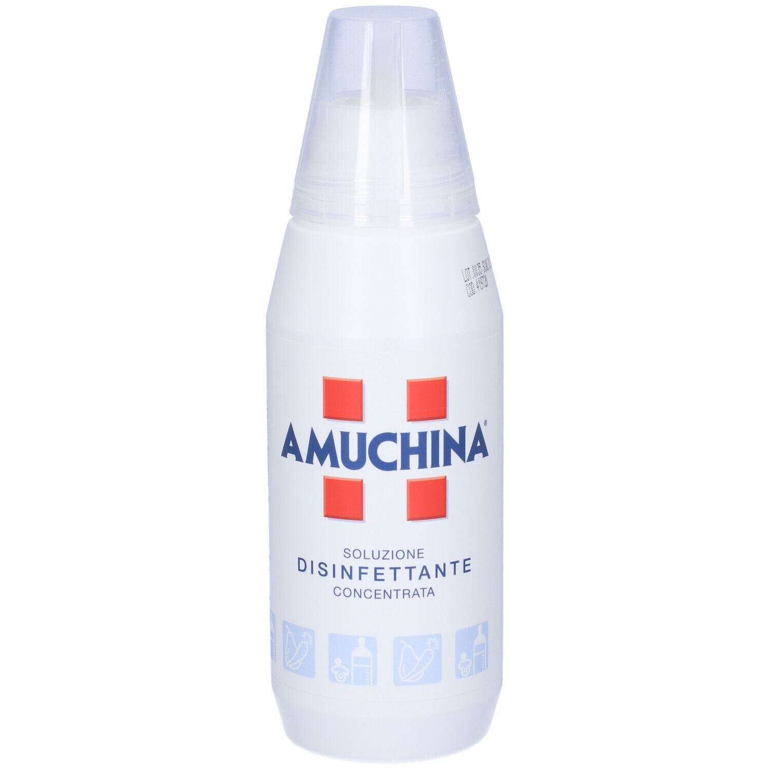 Weiße Flasche mit rotem Kreuz-Logo und Schriftzug AMUCHINA. Konzentrierte Desinfektionslösung. Transparenter Verschluss.