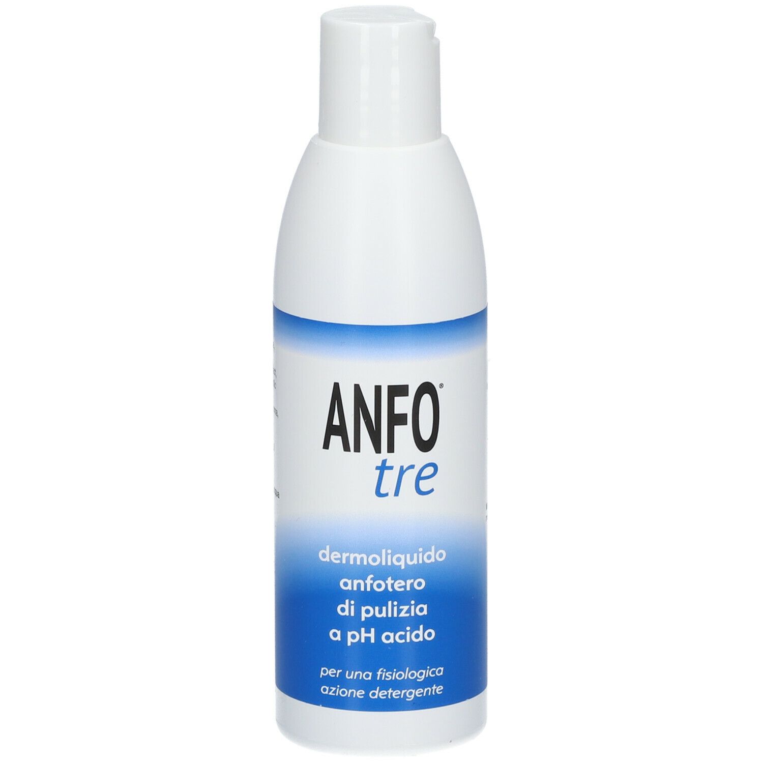 Weiße Flasche mit blauem Etikett. Aufschrift: ANFO tre, dermoliquido anfoterio di pulizia a pH acido.