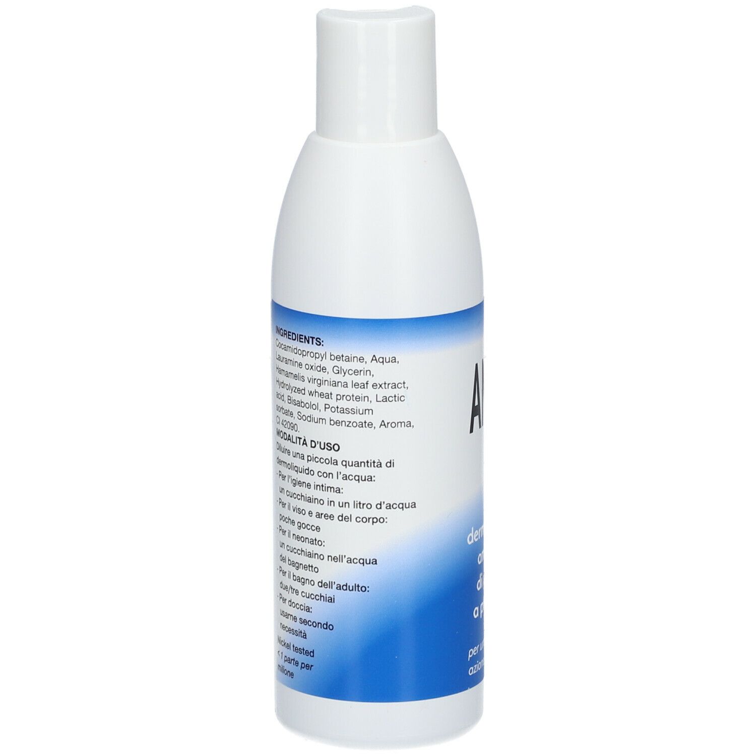 Weiße Flasche mit blauer Beschriftung. Enthält Inhaltsstoffe und Anwendungshinweise. ANFO tre.