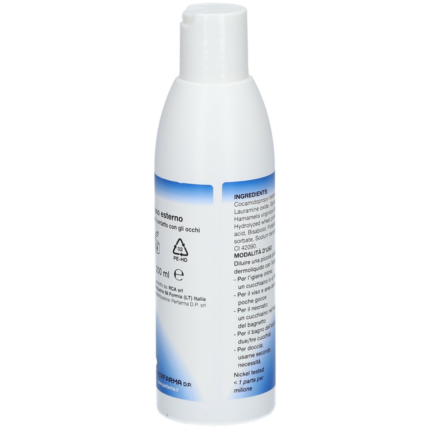 Weiße Flasche mit blauer Beschriftung. Enthält Inhaltsstoffe und Anwendungshinweise. ANFO tre.