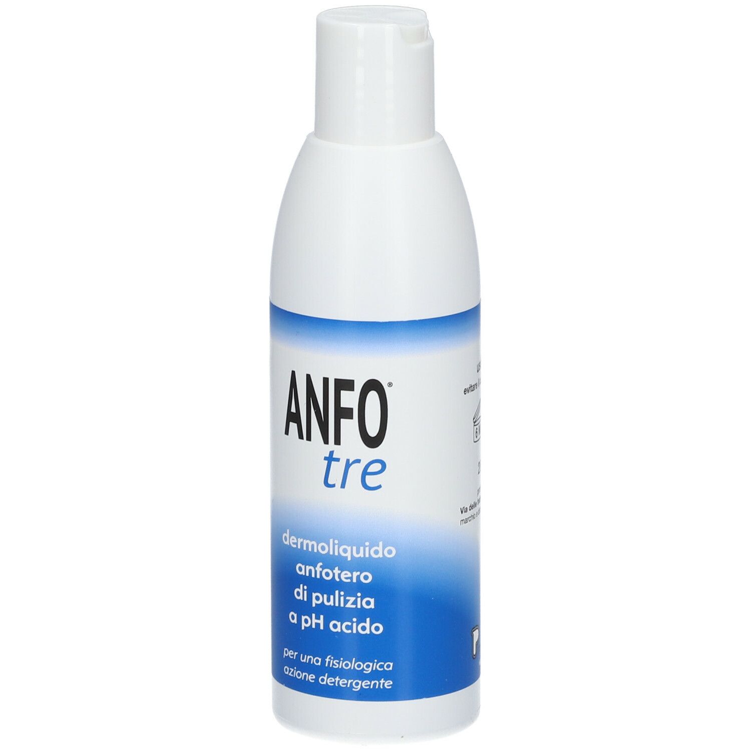 Weiße Flasche mit blauem Etikett. Aufschrift: ANFO tre, dermoliquido anfoterio di pulizia a pH acido.