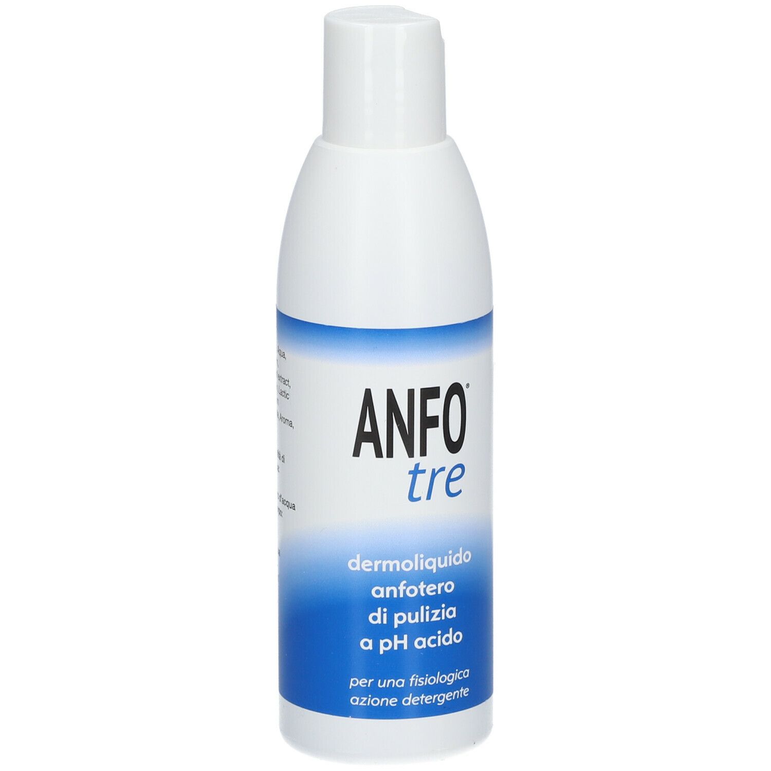 Weiße Flasche mit blauem Etikett. Aufschrift: ANFO tre, dermoliquido anfoterio di pulizia a pH acido.