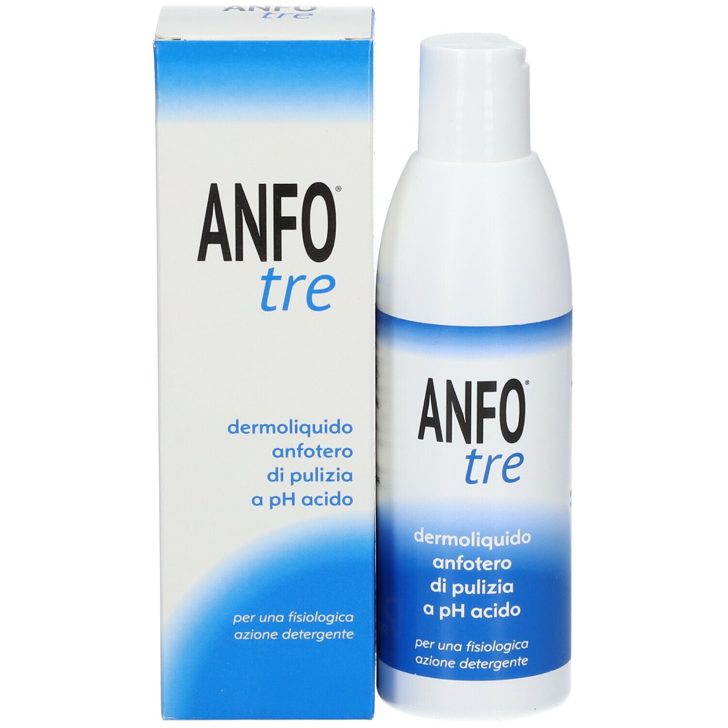 Produktverpackung und Flasche. Aufschrift: ANFO tre, dermoliquido anfoterio di pulizia a pH acido.