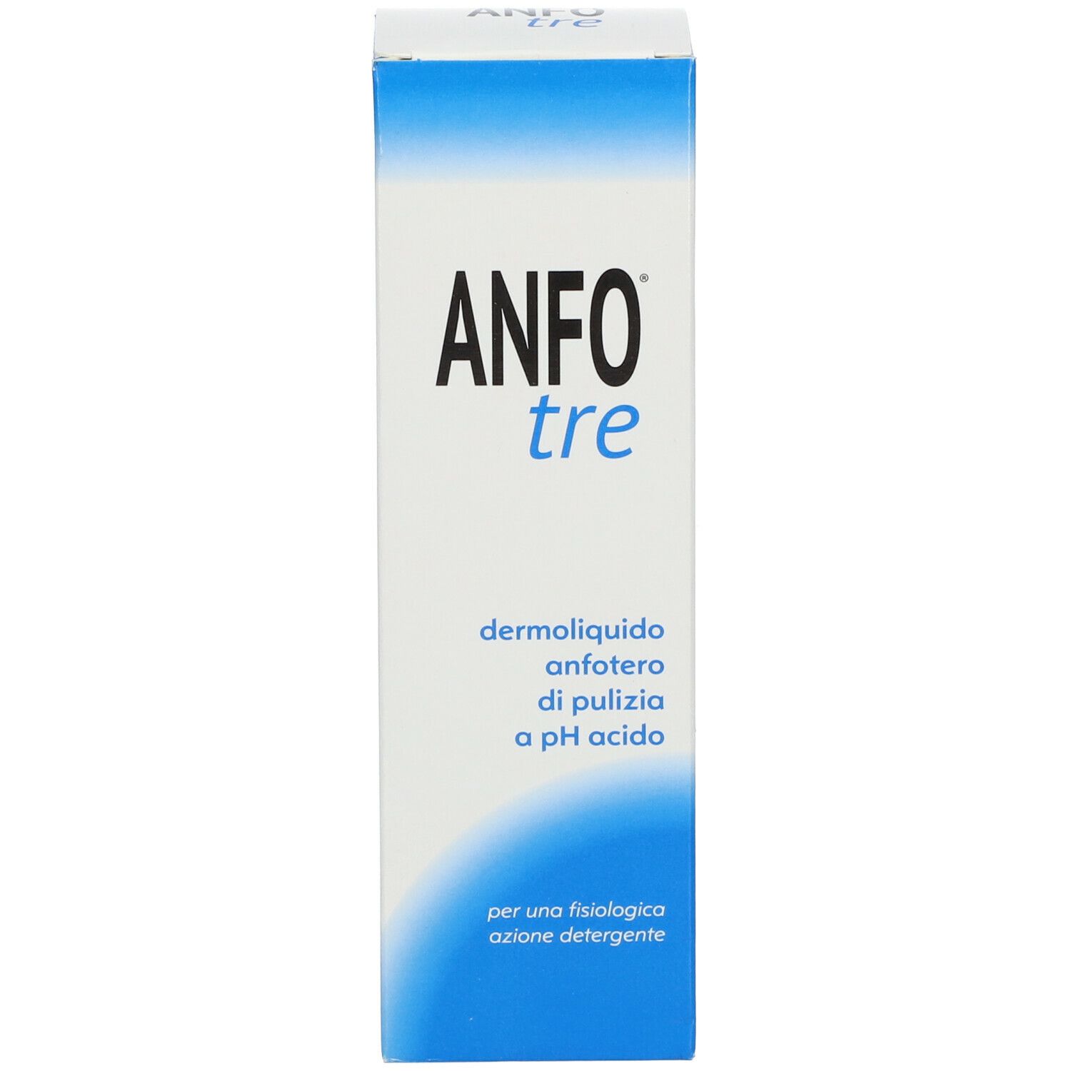 Produktverpackung. Aufschrift: ANFO tre, dermoliquido anfoterio di pulizia a pH acido.