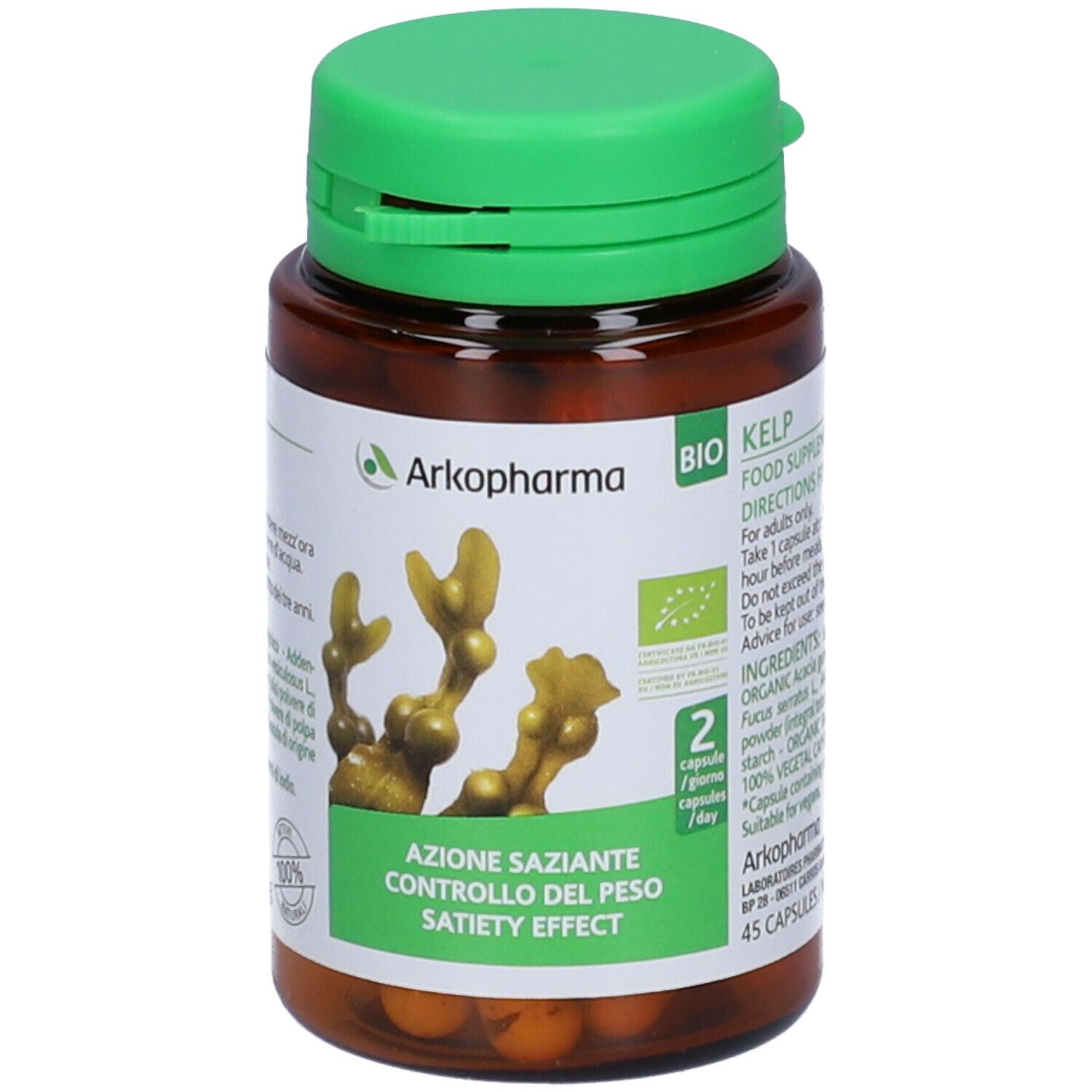 Flacone marrone con tappo verde. Etichetta con informazioni sul prodotto e logo. Contiene capsule.
