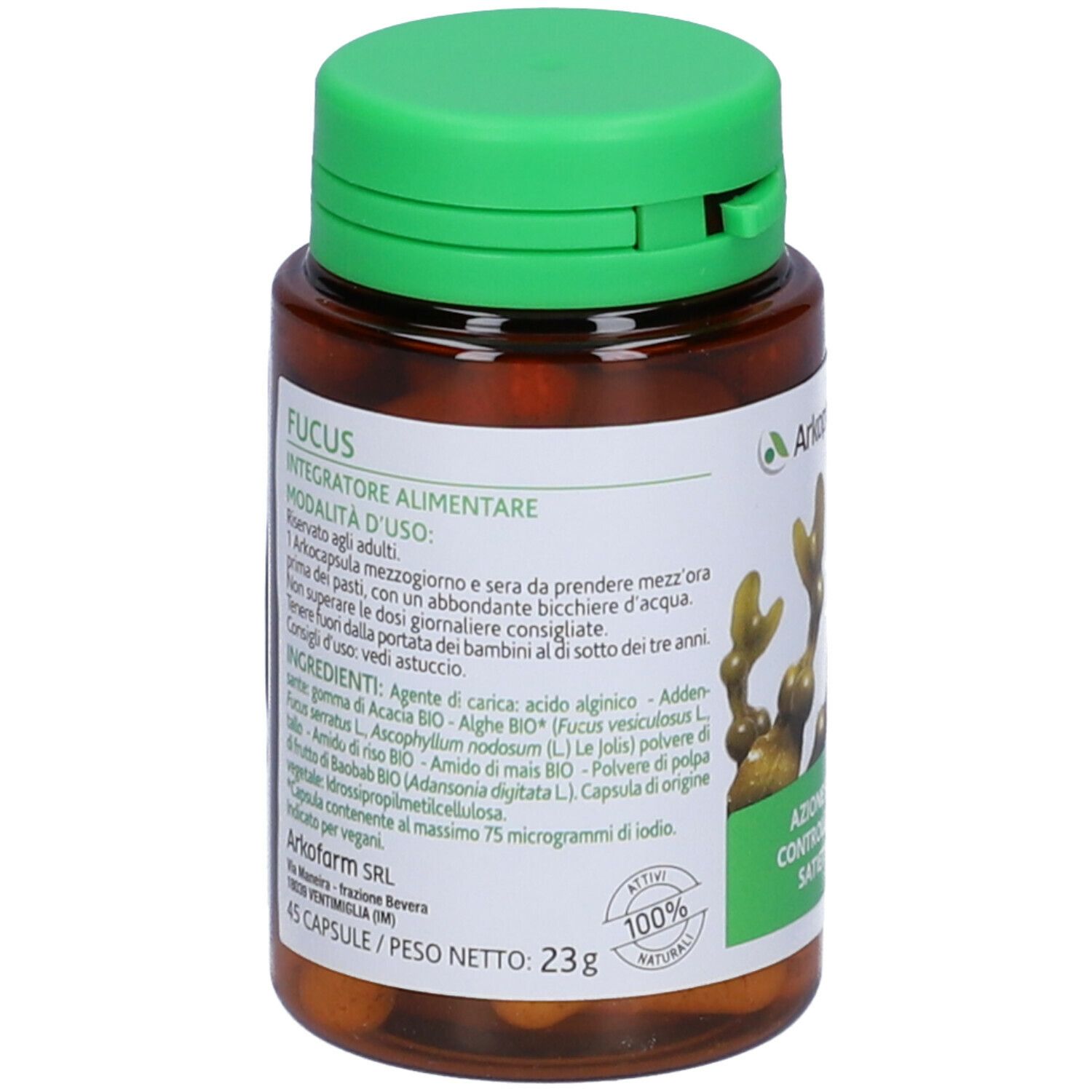 Flacone marrone, tappo verde. Etichetta con informazioni e logo. Contiene 45 capsule.