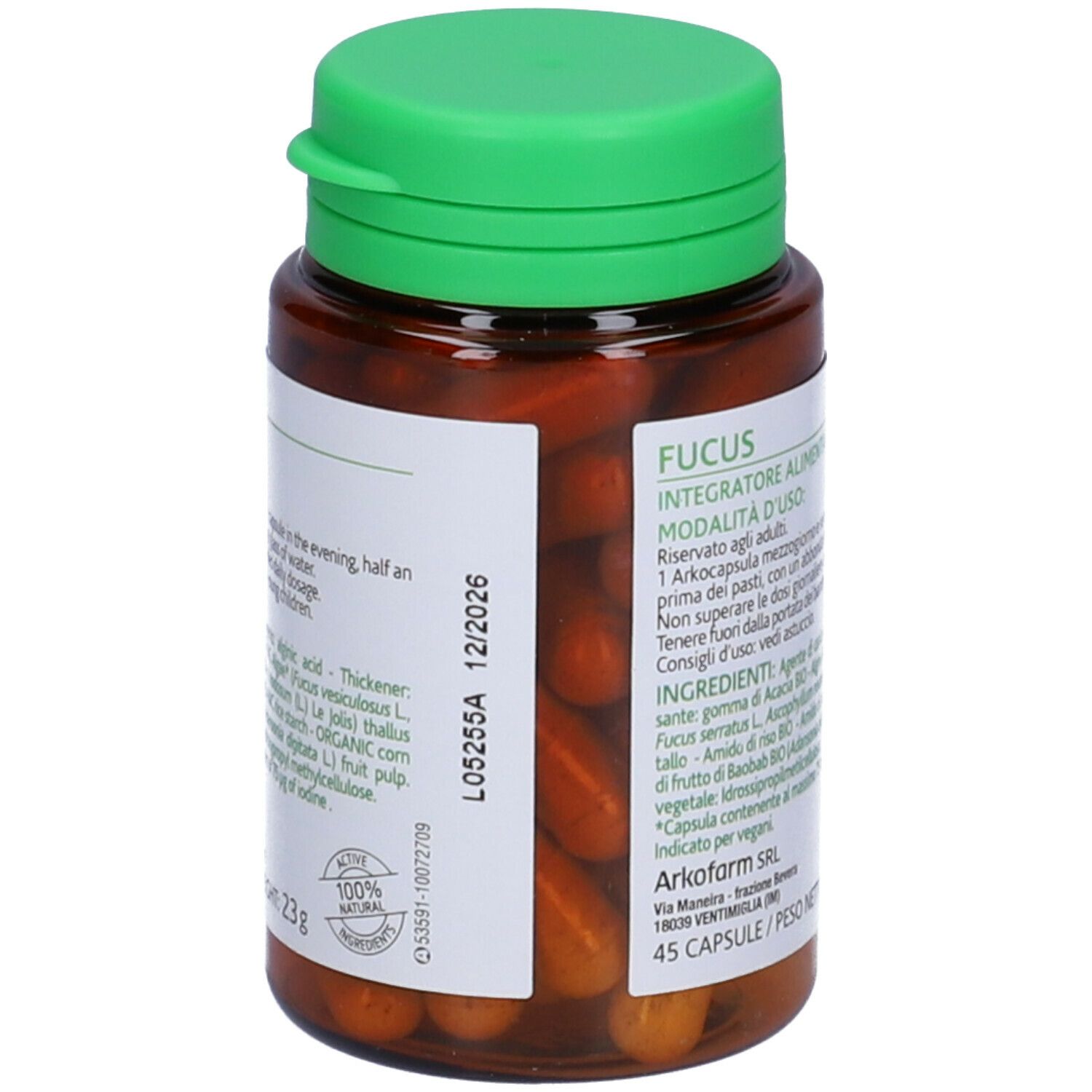 Flacone marrone, tappo verde. Etichetta con informazioni e logo. Contiene 45 capsule.
