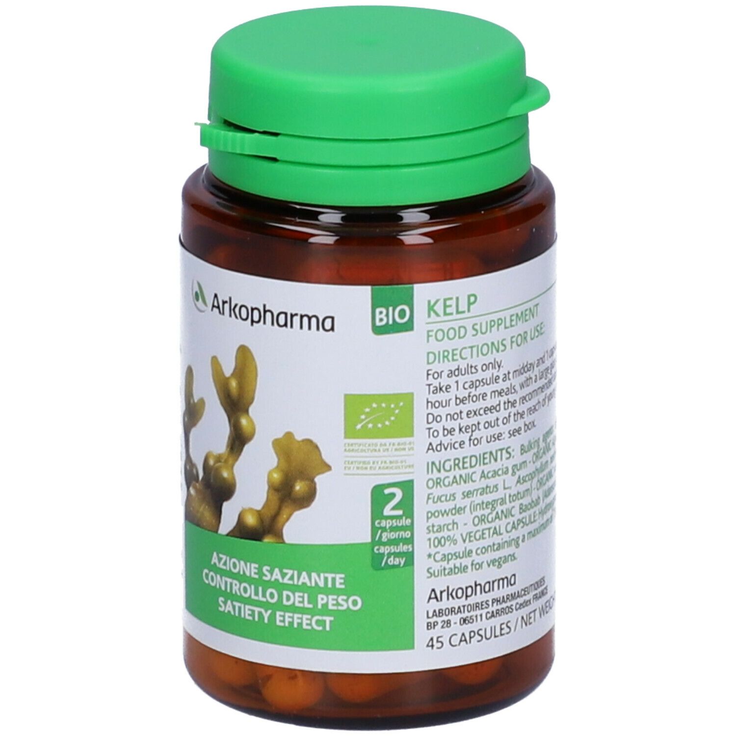 Flacone marrone, tappo verde. Etichetta con informazioni e logo. Contiene 45 capsule.