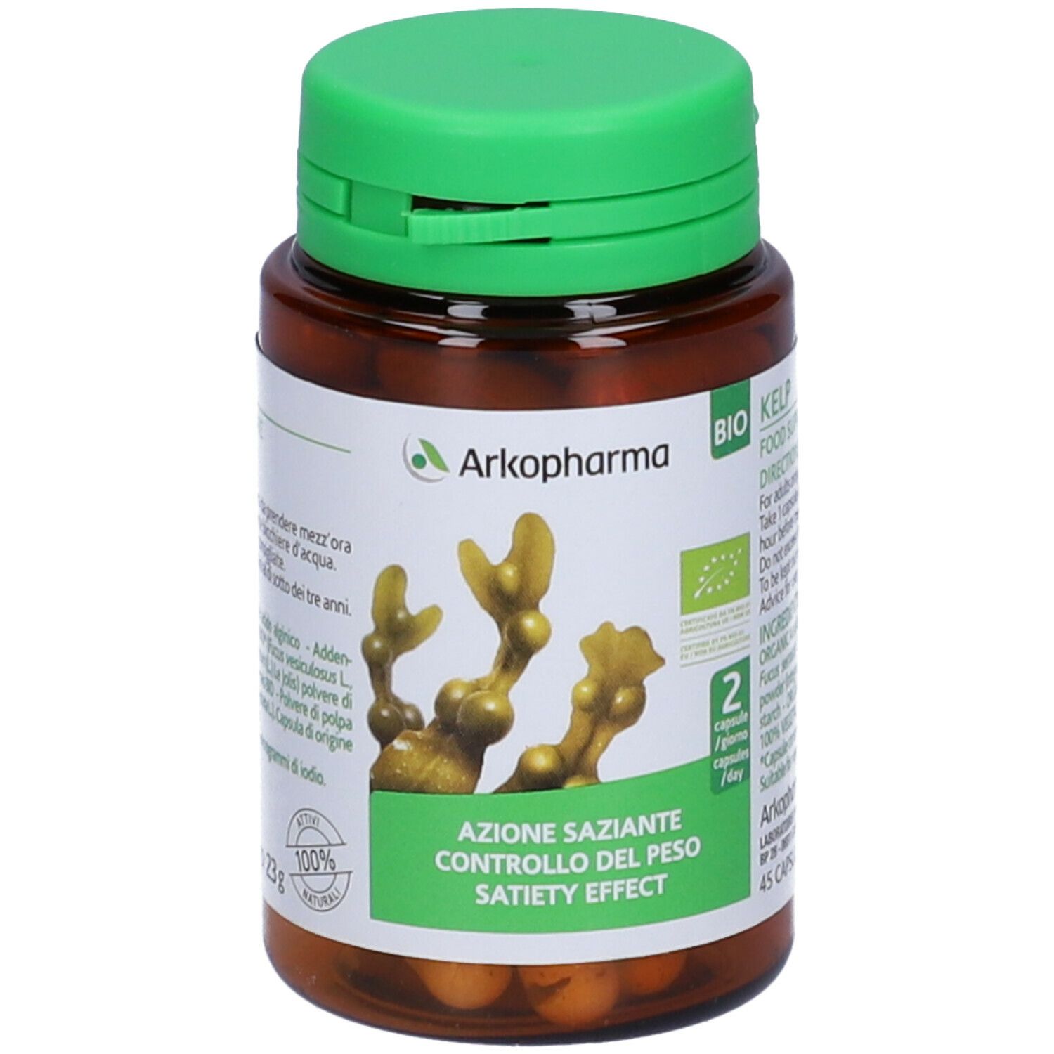 Flacone marrone, tappo verde. Etichetta con informazioni e logo. Contiene 45 capsule.