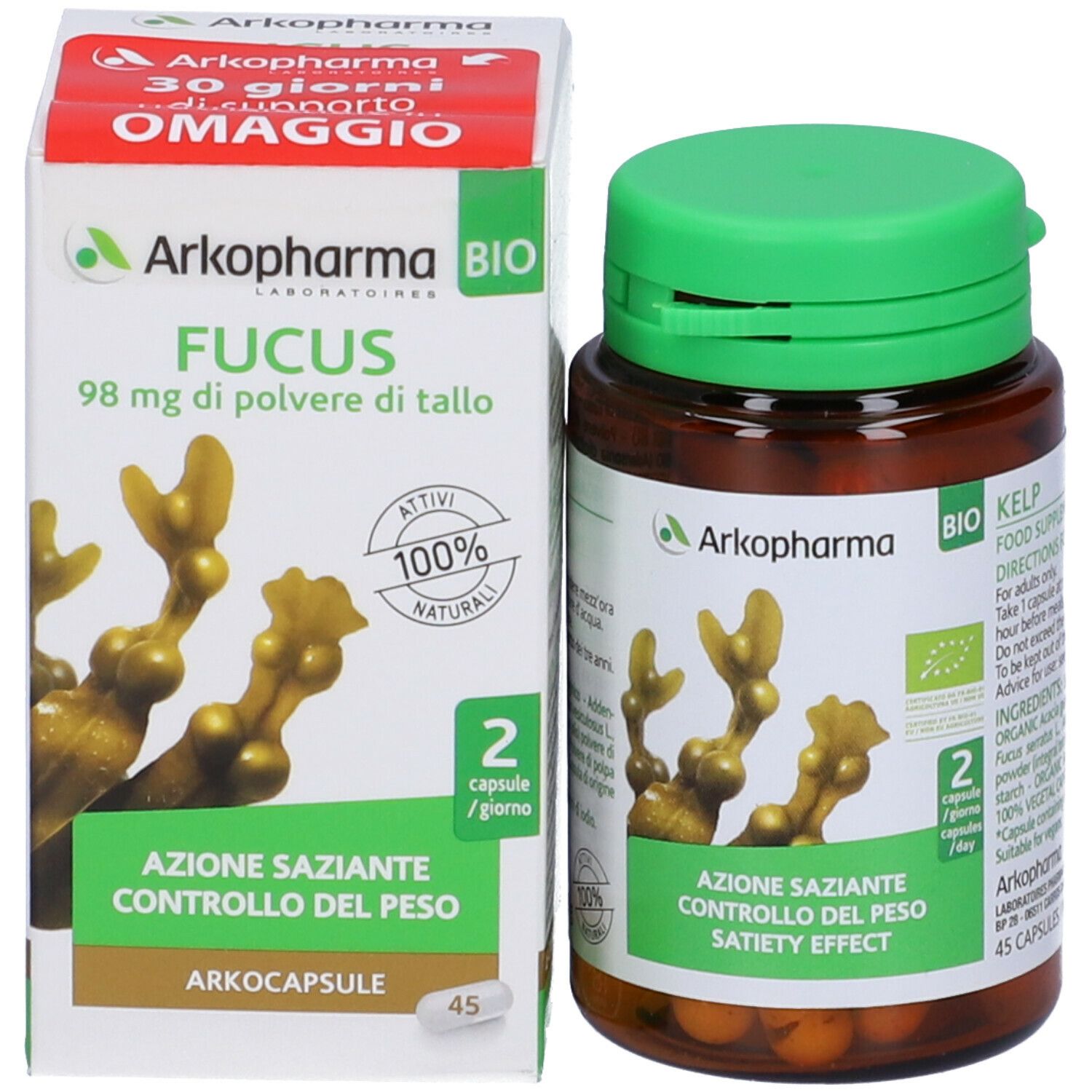 Flacone e scatola. Scatola con logo e informazioni. Flacone con tappo verde.