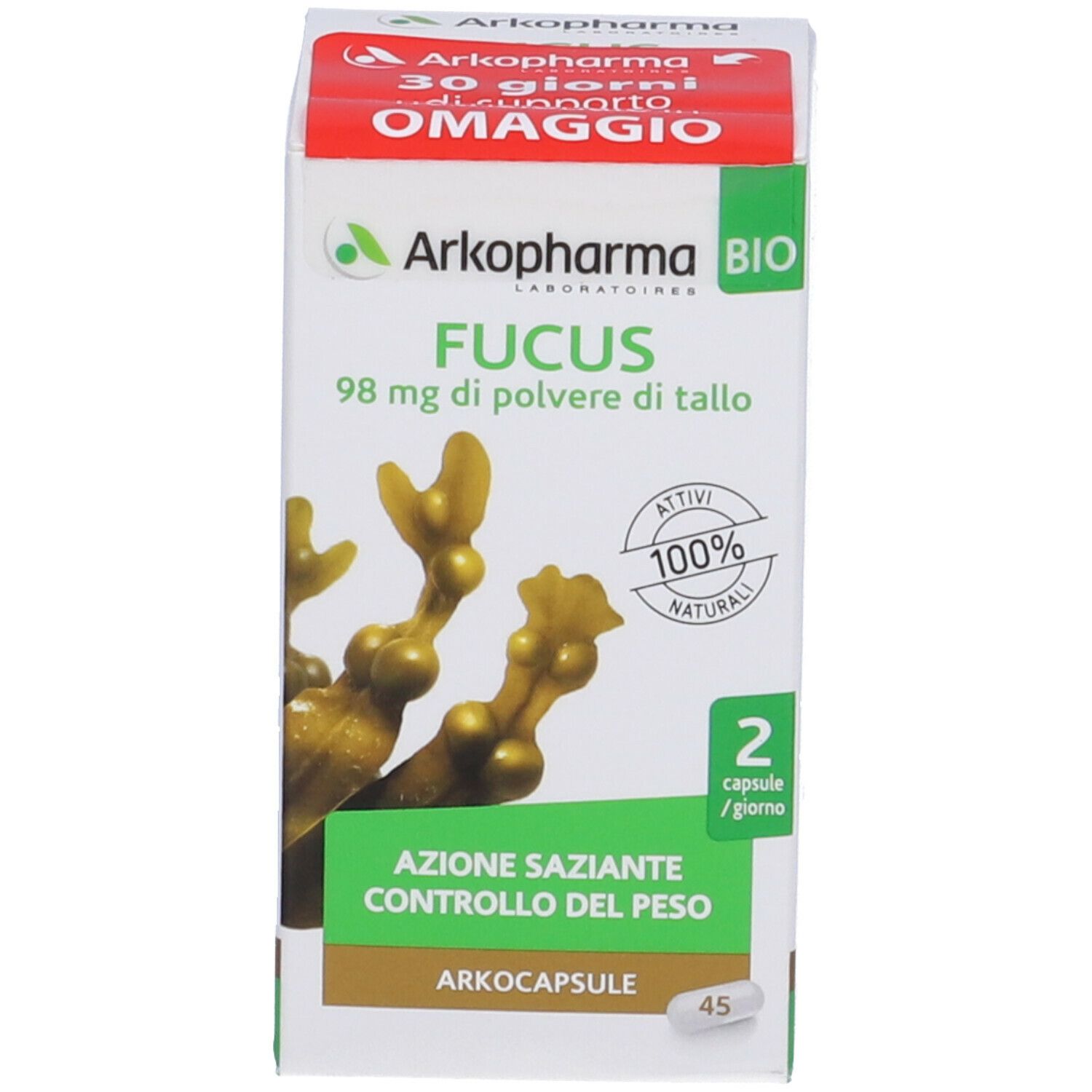 Confezione prodotto. Scatola con logo e informazioni. Contiene 45 capsule.