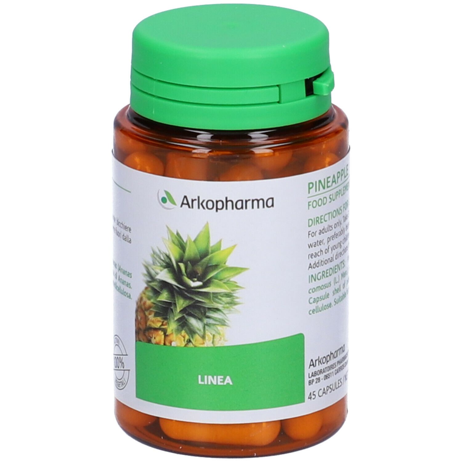Flacone marrone con tappo verde. Etichetta con ananas e logo Arkopharma. Testo: LINEA, 45 capsule.