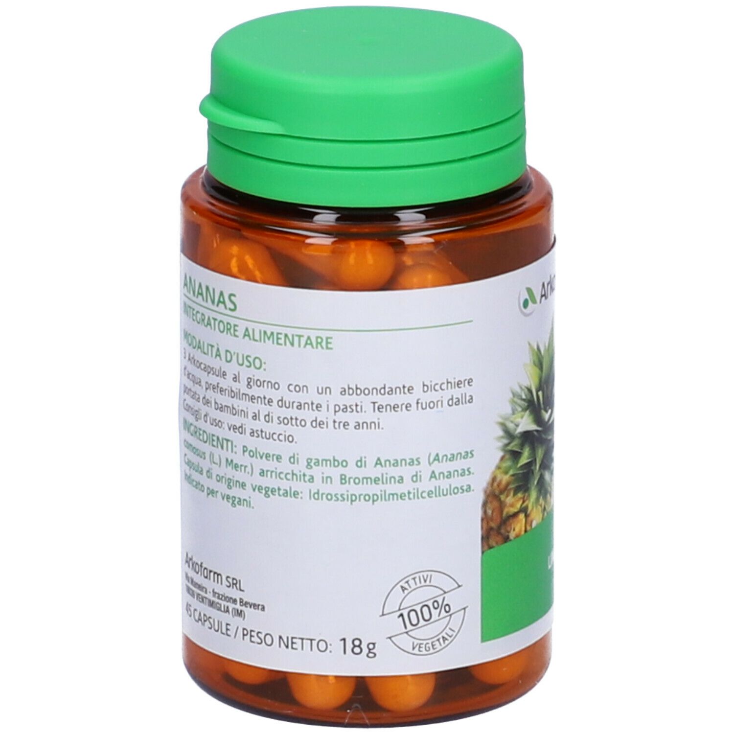 Flacone marrone con tappo verde. Etichetta con testo e ananas. Testo: ANANAS, 100% vegetale, 45 capsule.