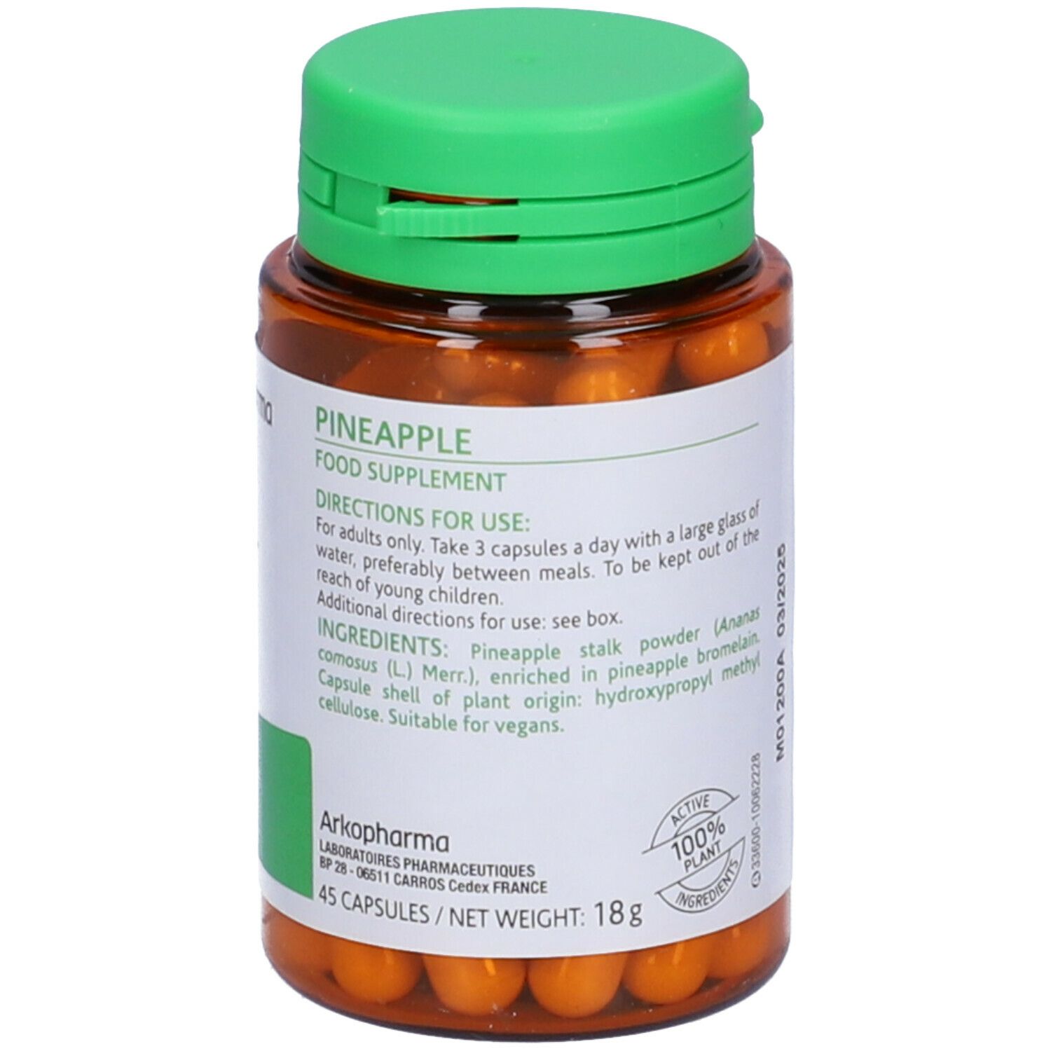 Flacone marrone con tappo verde. Etichetta con testo e ananas. Testo: PINEAPPLE, 45 capsule, 18g.