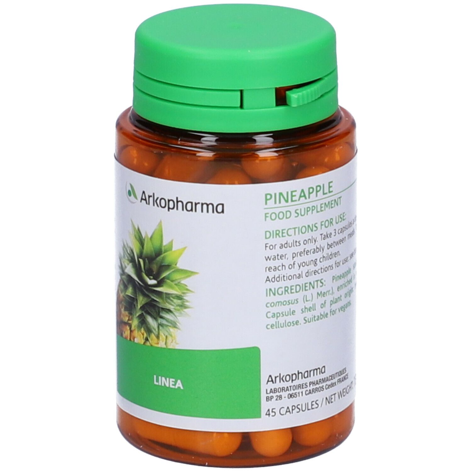 Flacone marrone con tappo verde. Etichetta con testo e ananas. Testo: PINEAPPLE, LINEA, 45 capsule.