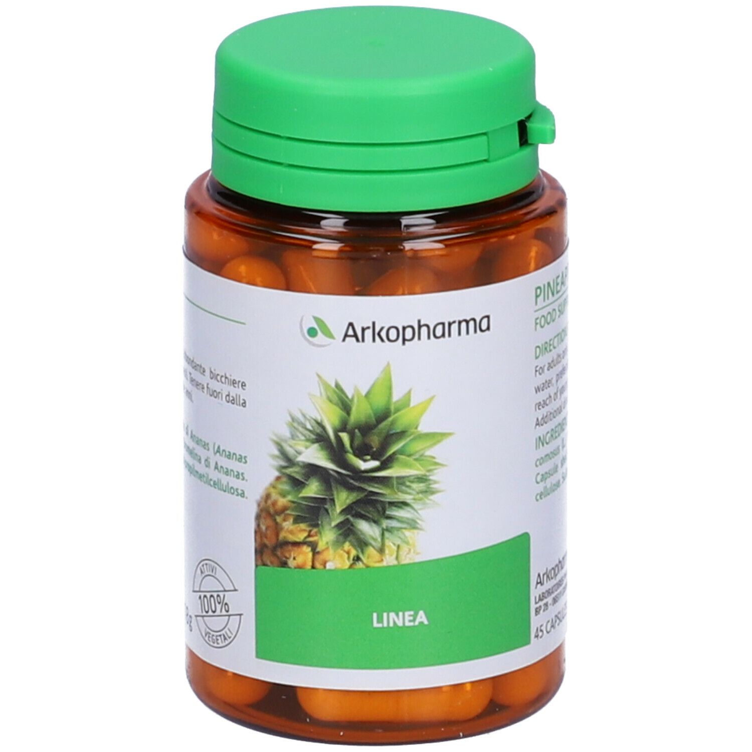 Flacone marrone con tappo verde. Etichetta con ananas e testo: LINEA, 45 capsule.