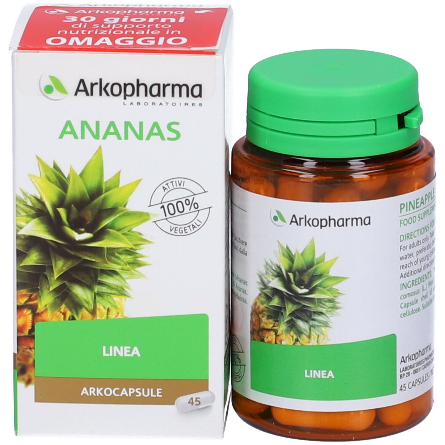 Confezione prodotto con flacone e scatola. Flacone: marrone, verde. Scatola: rossa, bianca. Testo: ANANAS, LINEA, 45 capsule.