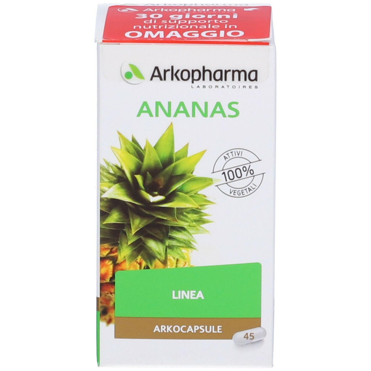 Confezione prodotto bianca con coperchio rosso. Illustrazione di ananas. Testo: ANANAS, LINEA, ARKOCAPSULE, 45.