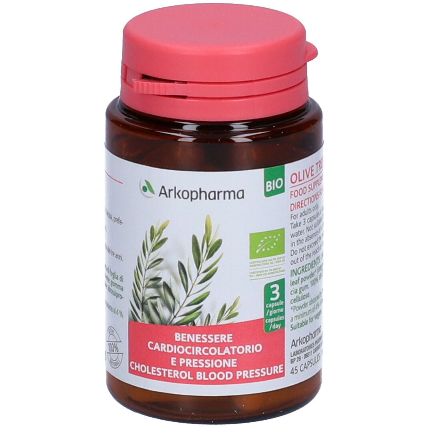 Flacone marrone con tappo rosa. Etichetta con logo Arkopharma, illustrazione di ramo d'ulivo e testo. 45 capsule.