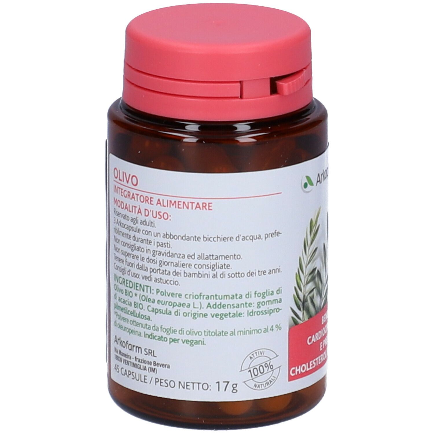 Flacone marrone con tappo rosa. Etichetta con testo, tra cui Olivo, ingredienti e logo Arkopharma. 45 capsule.