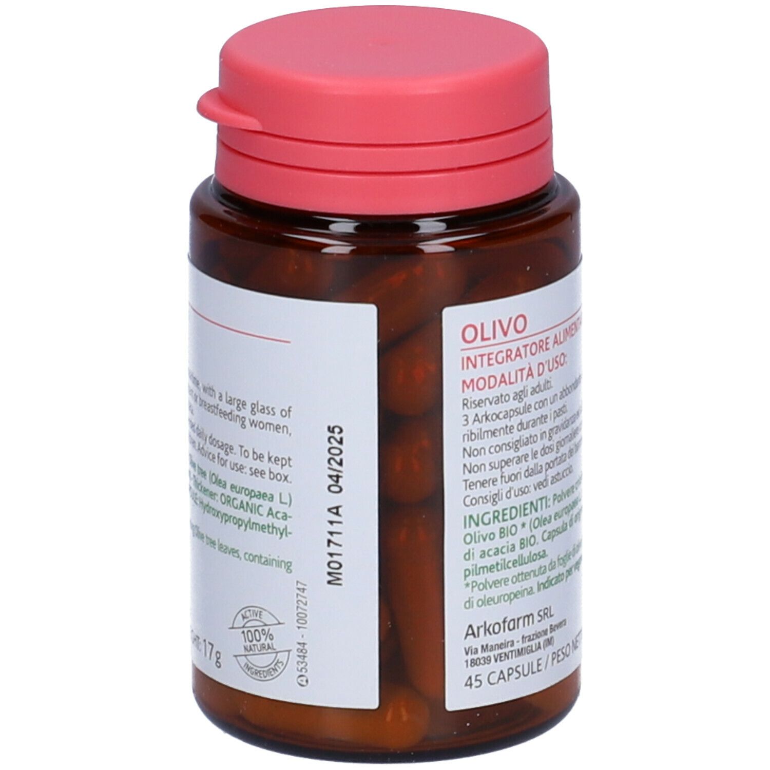 Flacone marrone con tappo rosa. Etichetta con testo, tra cui Olivo, ingredienti e logo Arkopharma. 45 capsule.