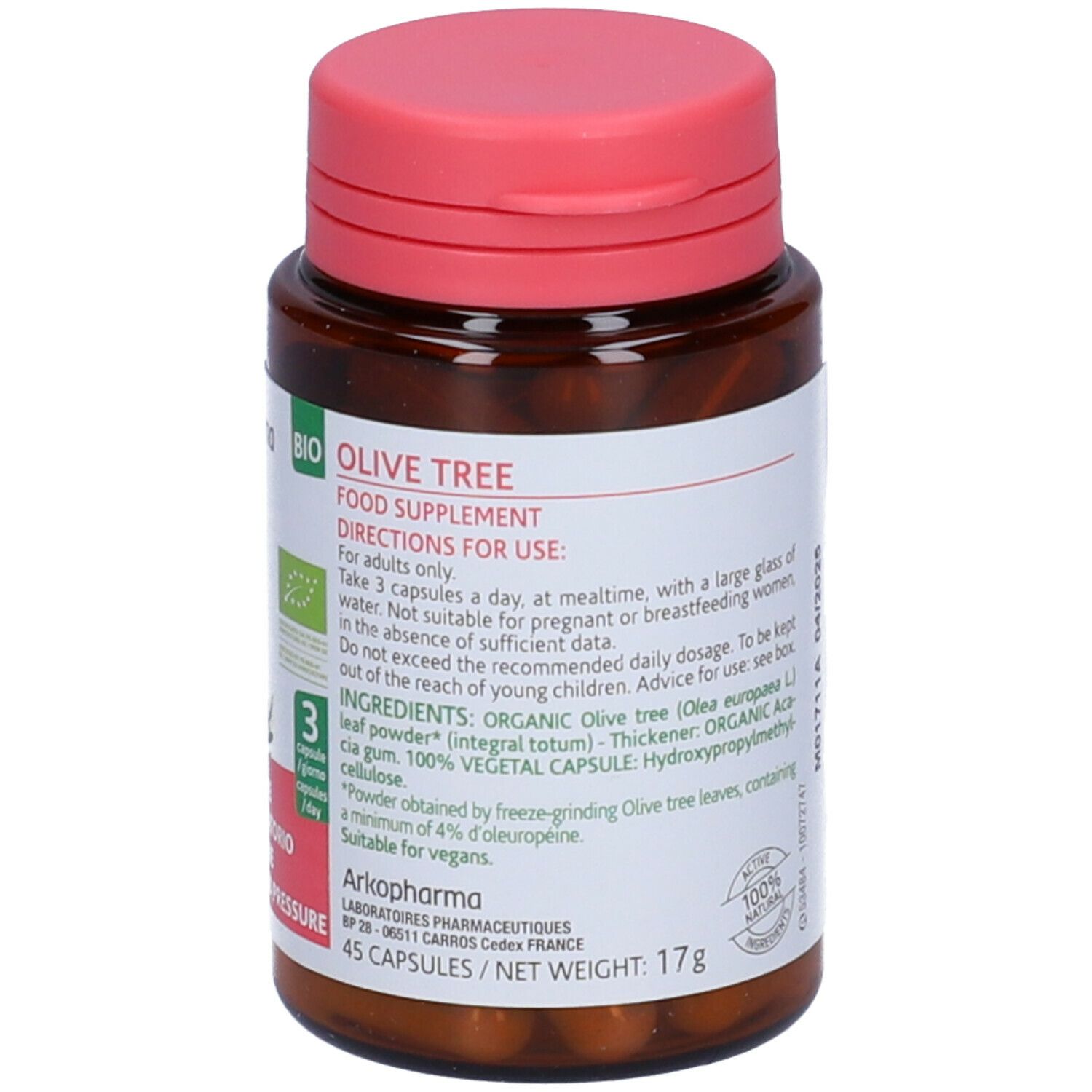 Flacone marrone con tappo rosa. Etichetta con testo, tra cui Olivo, ingredienti e logo Arkopharma. 45 capsule.