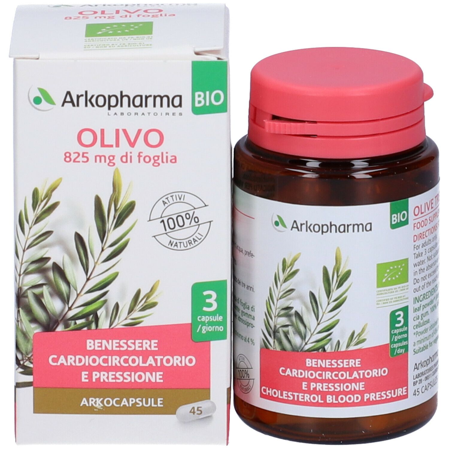 Confezione del prodotto con flacone e scatola. Scatola con logo Arkopharma, illustrazione di ramo d'ulivo e testo. 45 capsule.