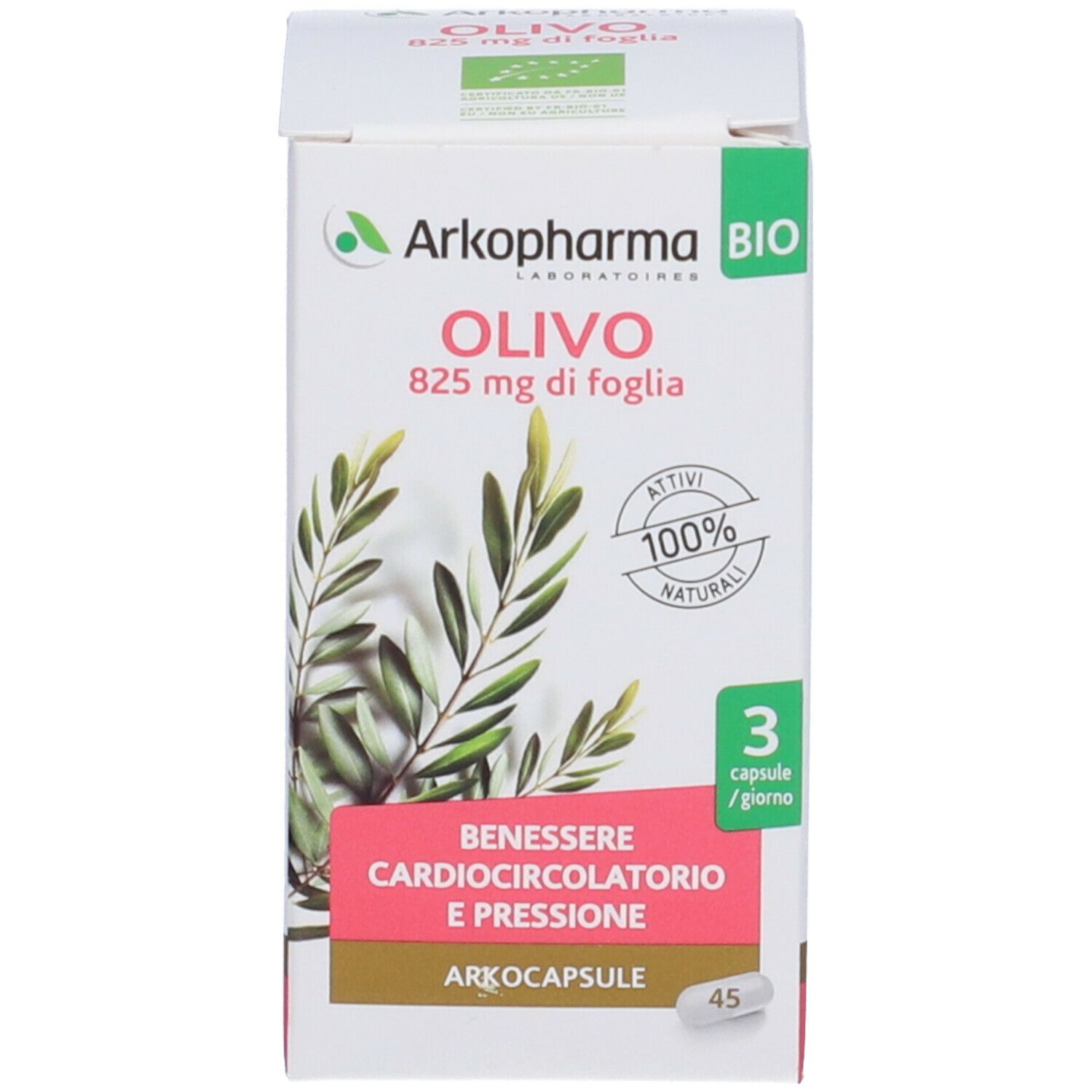 Confezione del prodotto con scatola. Scatola con logo Arkopharma, illustrazione di ramo d'ulivo e testo. 45 capsule.
