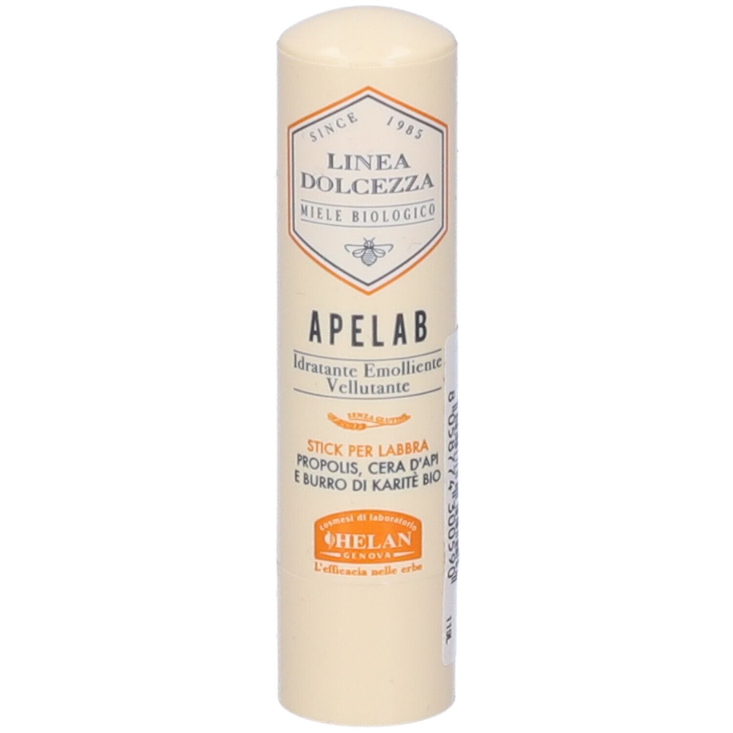 Stick labbra beige. Scritta Apelab. Ingredienti: Propolis, Cera d'Api, Burro di Karité Bio. Marchio Helan. Confezione.