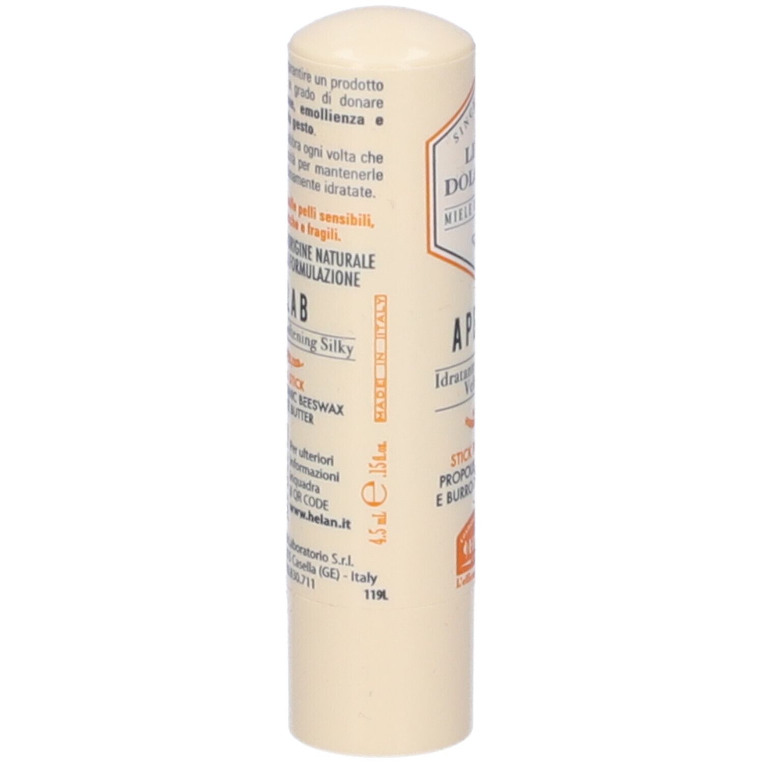 Stick labbra beige. Scritta Apelab. Ingredienti: Propolis, Cera d'Api, Burro di Karité Bio. Marchio Helan. Confezione.