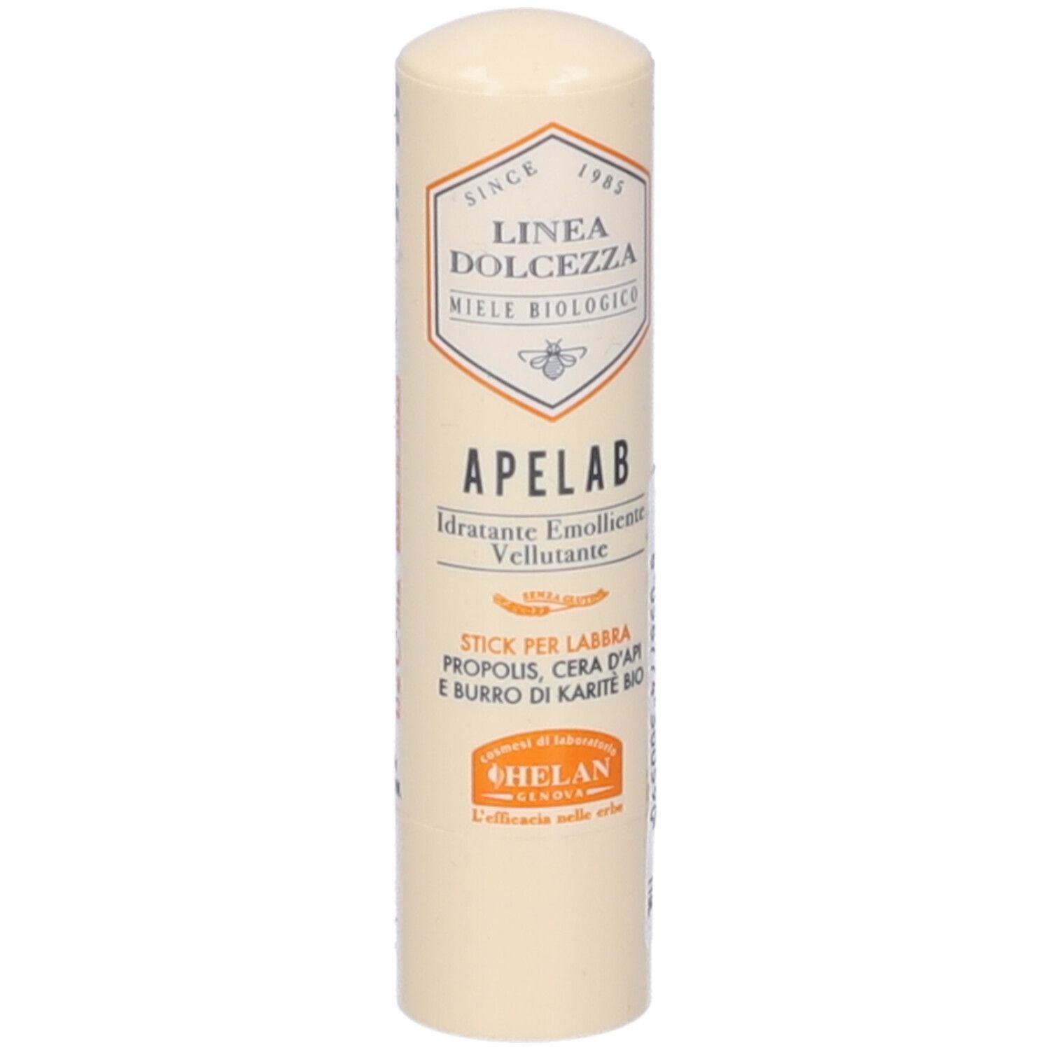 Stick labbra beige. Scritta Apelab. Ingredienti: Propolis, Cera d'Api, Burro di Karité Bio. Marchio Helan. Confezione.