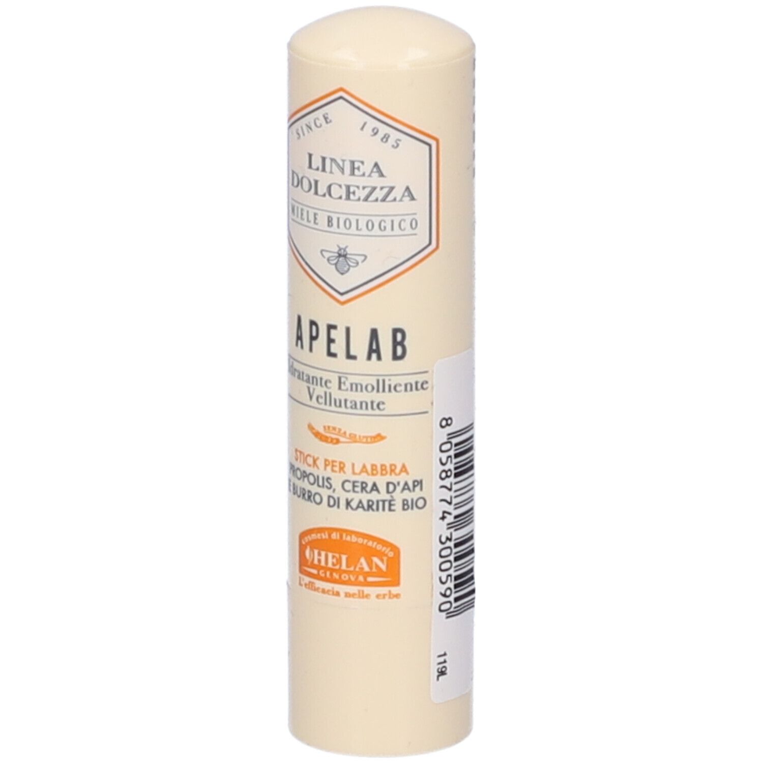 Stick labbra beige. Scritta Apelab. Ingredienti: Propolis, Cera d'Api, Burro di Karité Bio. Marchio Helan. Confezione.