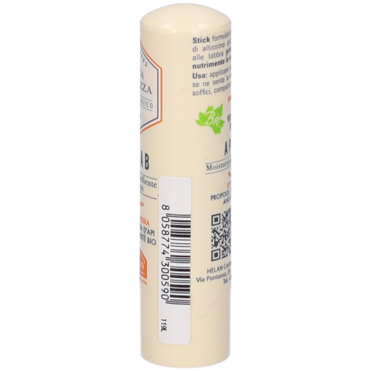 Stick labbra beige. Scritta Apelab. Ingredienti: Propolis, Cera d'Api, Burro di Karité Bio. Marchio Helan. Confezione.