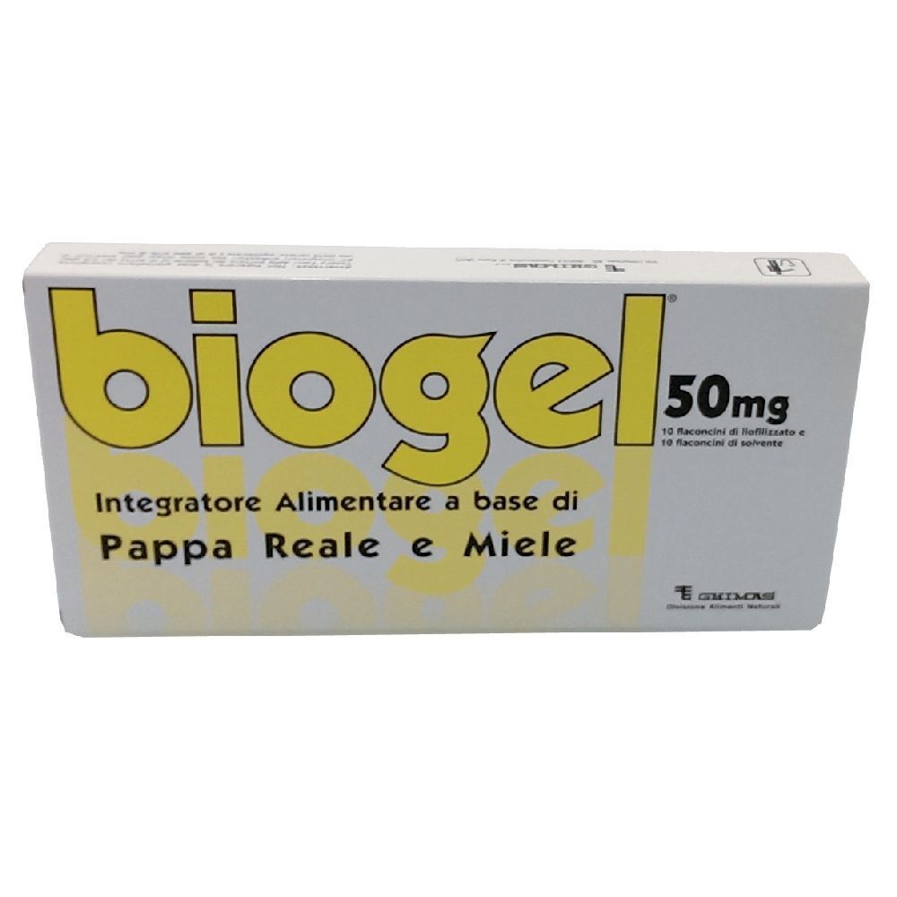 Scatola "Biogel" con testo giallo. Contiene 50mg. Scritto: Integratore Alimentare a base di Pappa Reale e Miele.