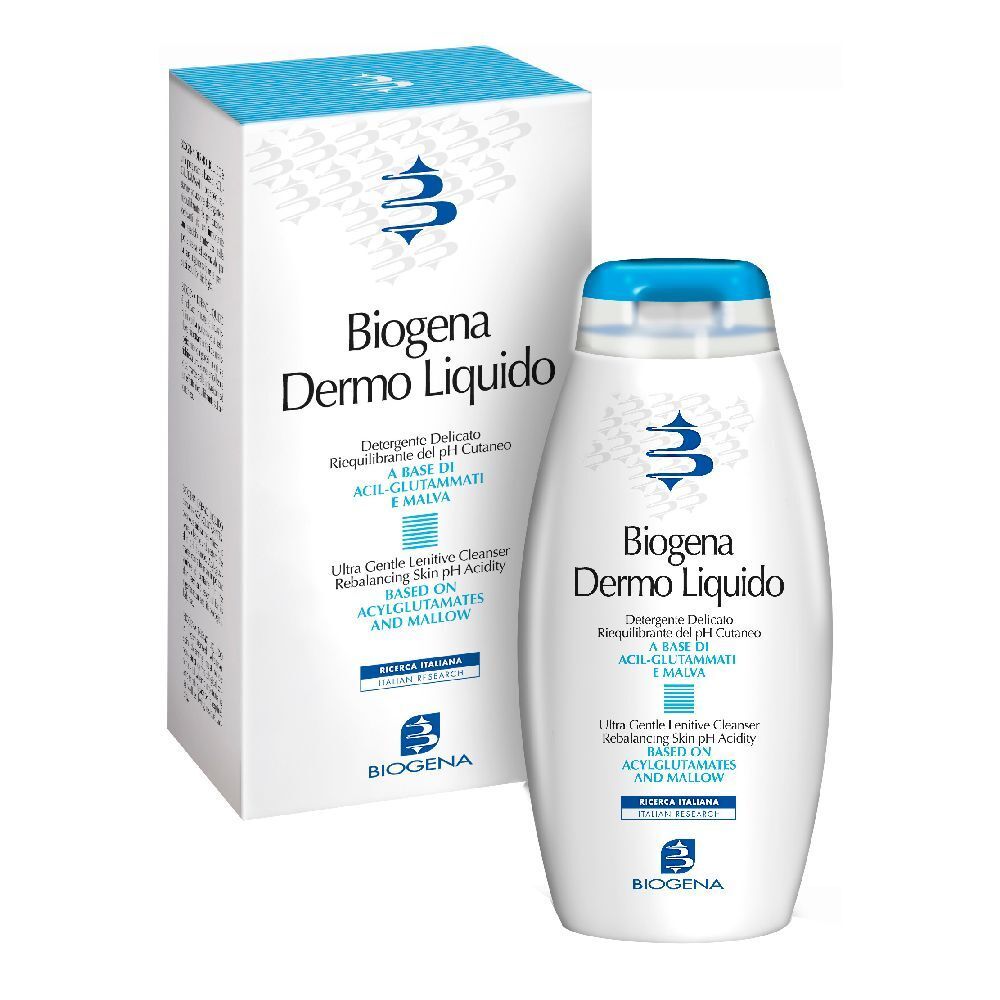 Weiße Flasche und Karton mit Produktaufdruck. Blaue Kappe. Text: Biogena Dermo Liquido. Reiniger für empfindliche Haut.