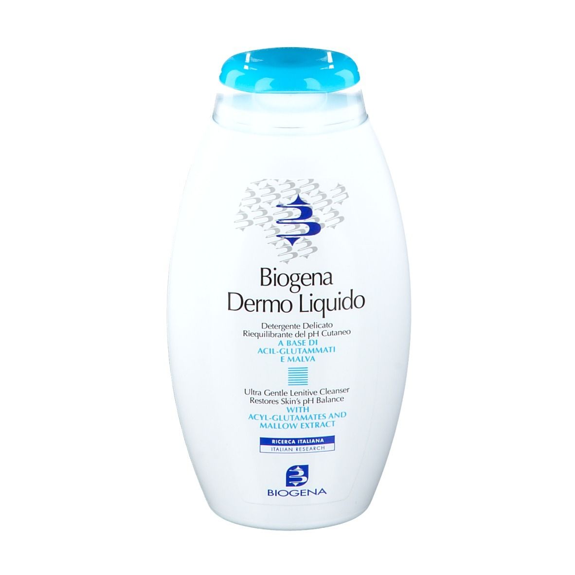 Weiße Flasche mit blauem Deckel. Text: Biogena Dermo Liquido. Reiniger für empfindliche Haut. Logo.